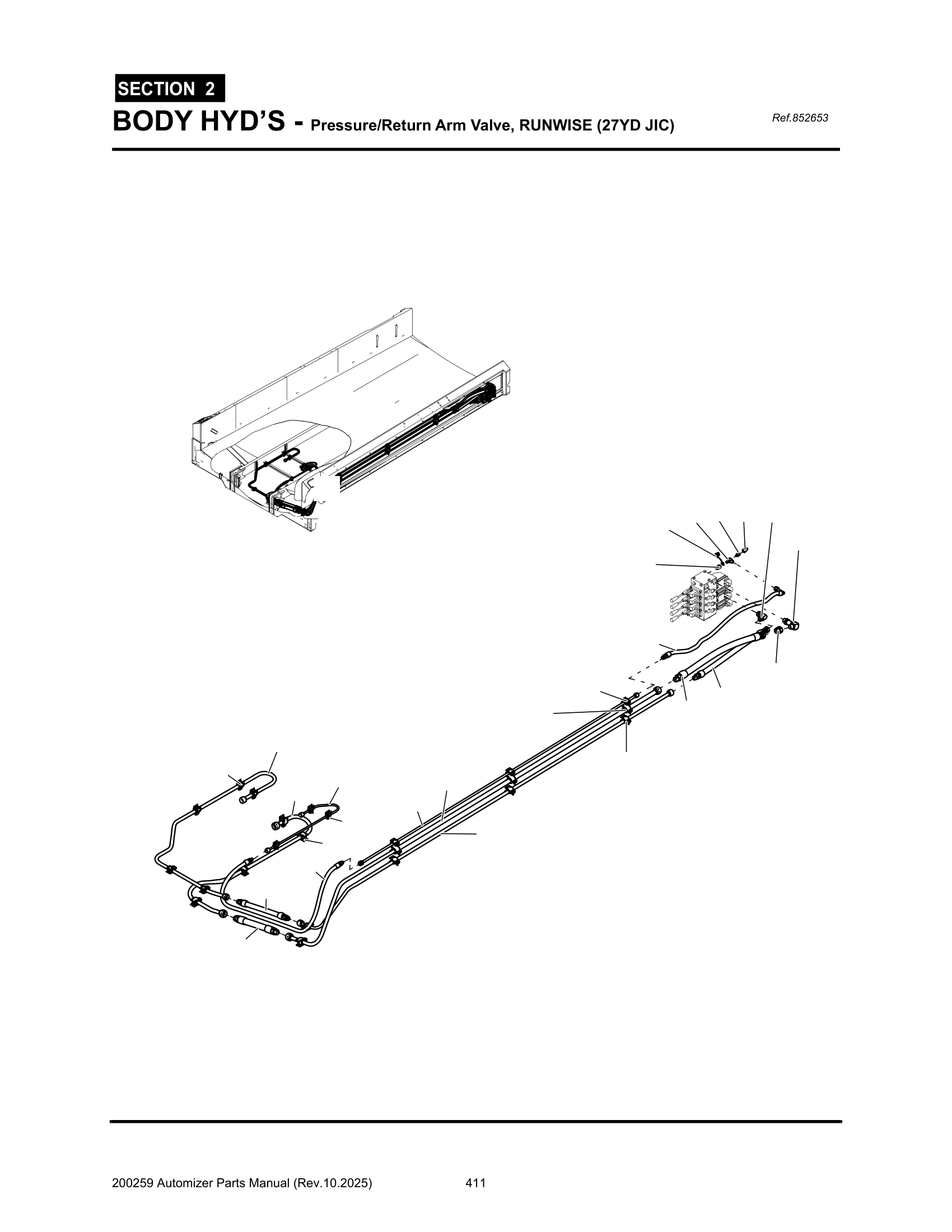 Body Pres/Ret hyd’s. (Arm valve to Rear