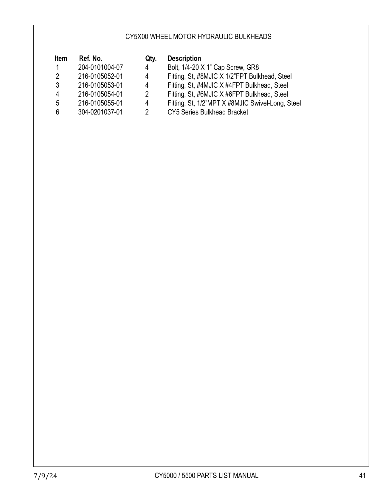 CY5X00 WHEEL MOTOR HYDRAULIC BULKHEADS