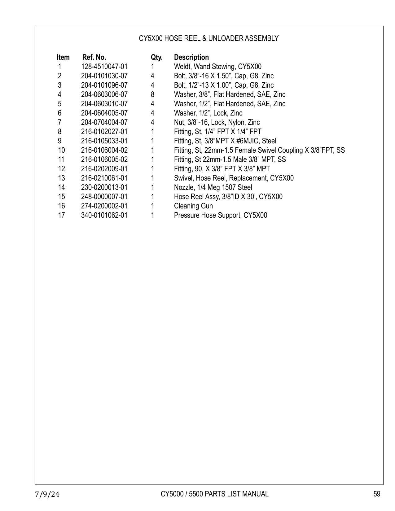 CY5X00 HOSE REEL & UNLOADER ASSEMBLY