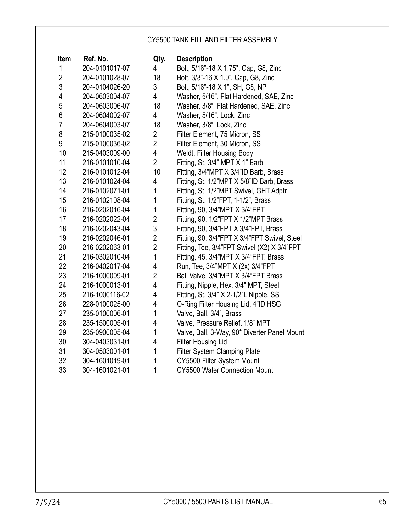 CY5500 TANK FILL AND FILTER ASSEMBLY