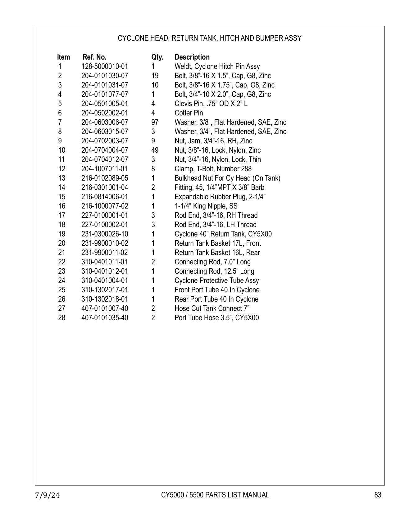 CYCLONE HEAD: RETURN TANK, HITCH AND BUMPER ASSY