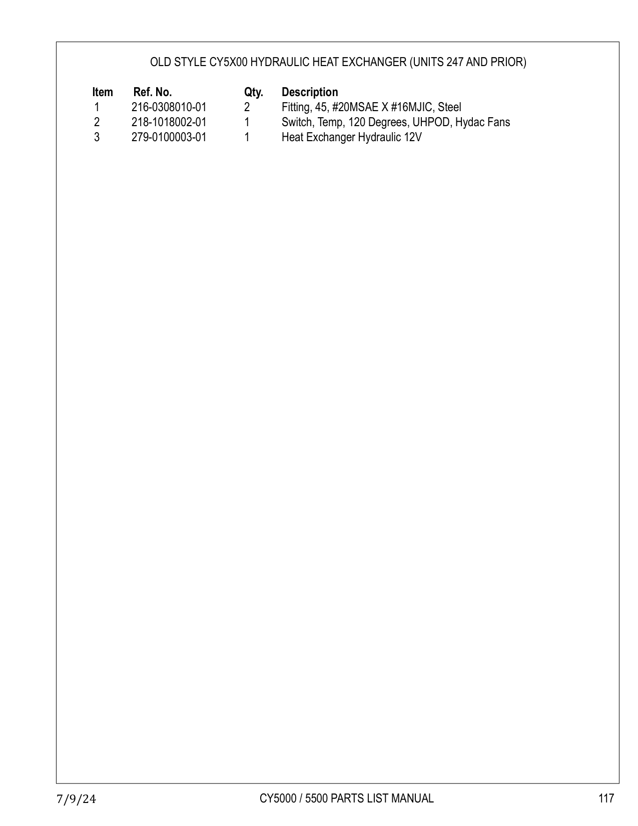 OLD STYLE CY5X00 HYDRAULIC HEAT EXCHANGER (UNITS 247 AND PRIOR)