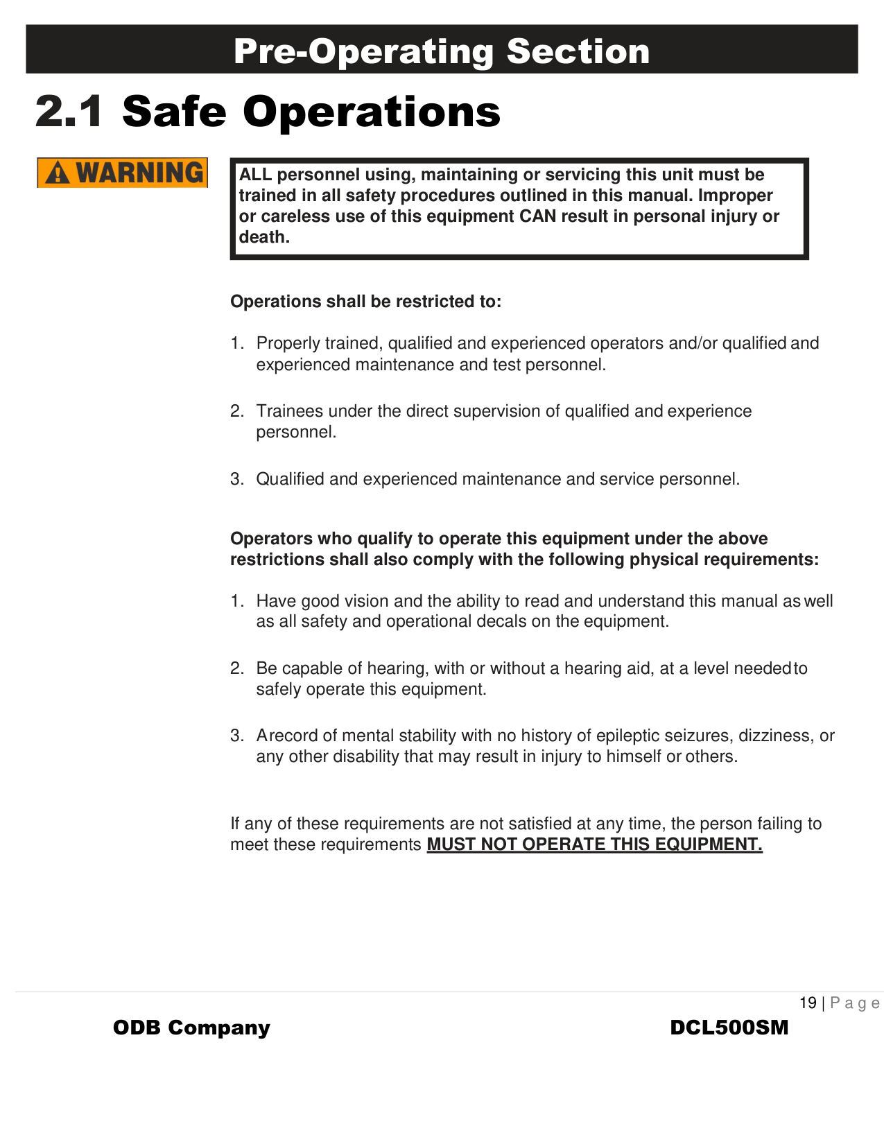 Pre-Operating Section