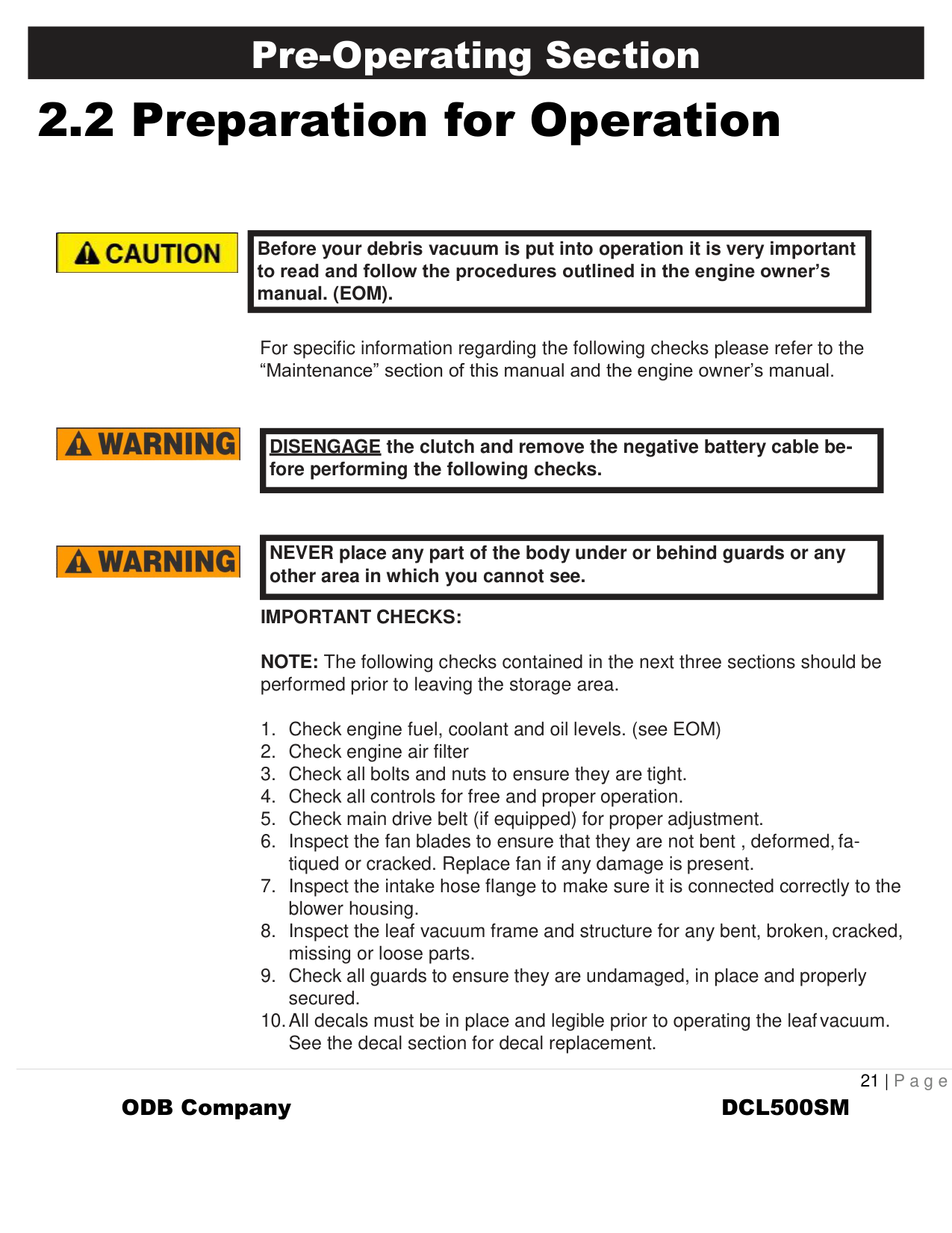 Pre-Operating Section