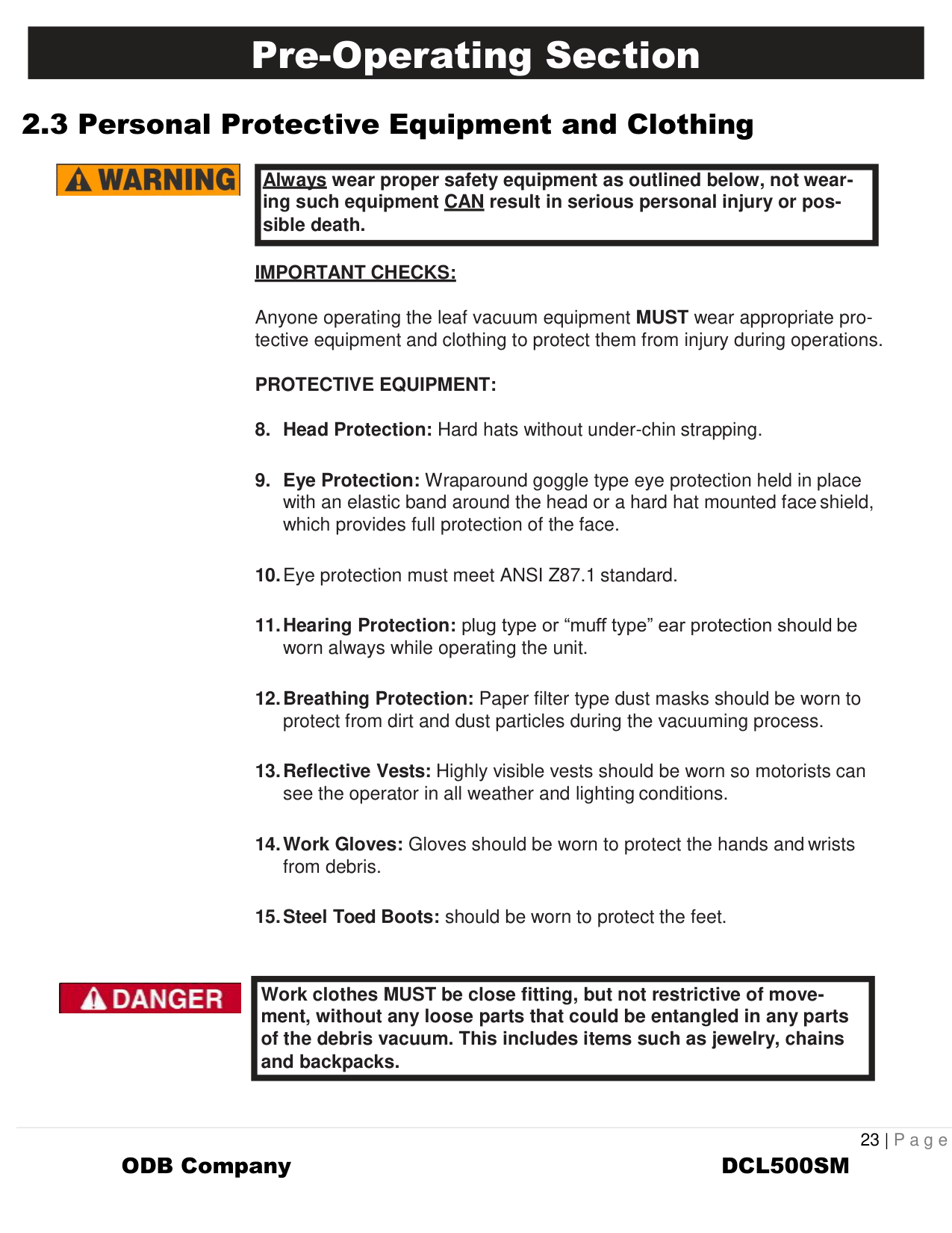 Pre-Operating Section