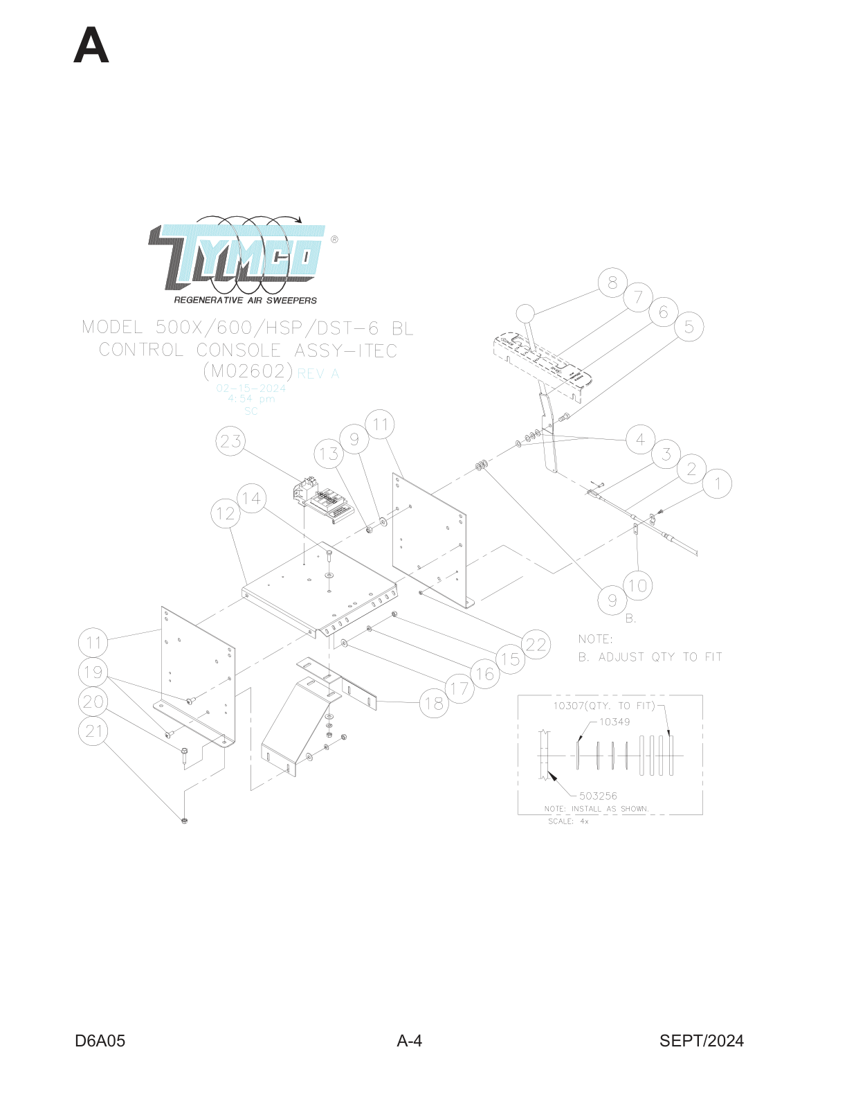 MODEL 500X/600/HSP/DST-6 FT4 — INTERNATIONAL CONSOLE ASSEMBLY PARTS LIST — DWG-M02602