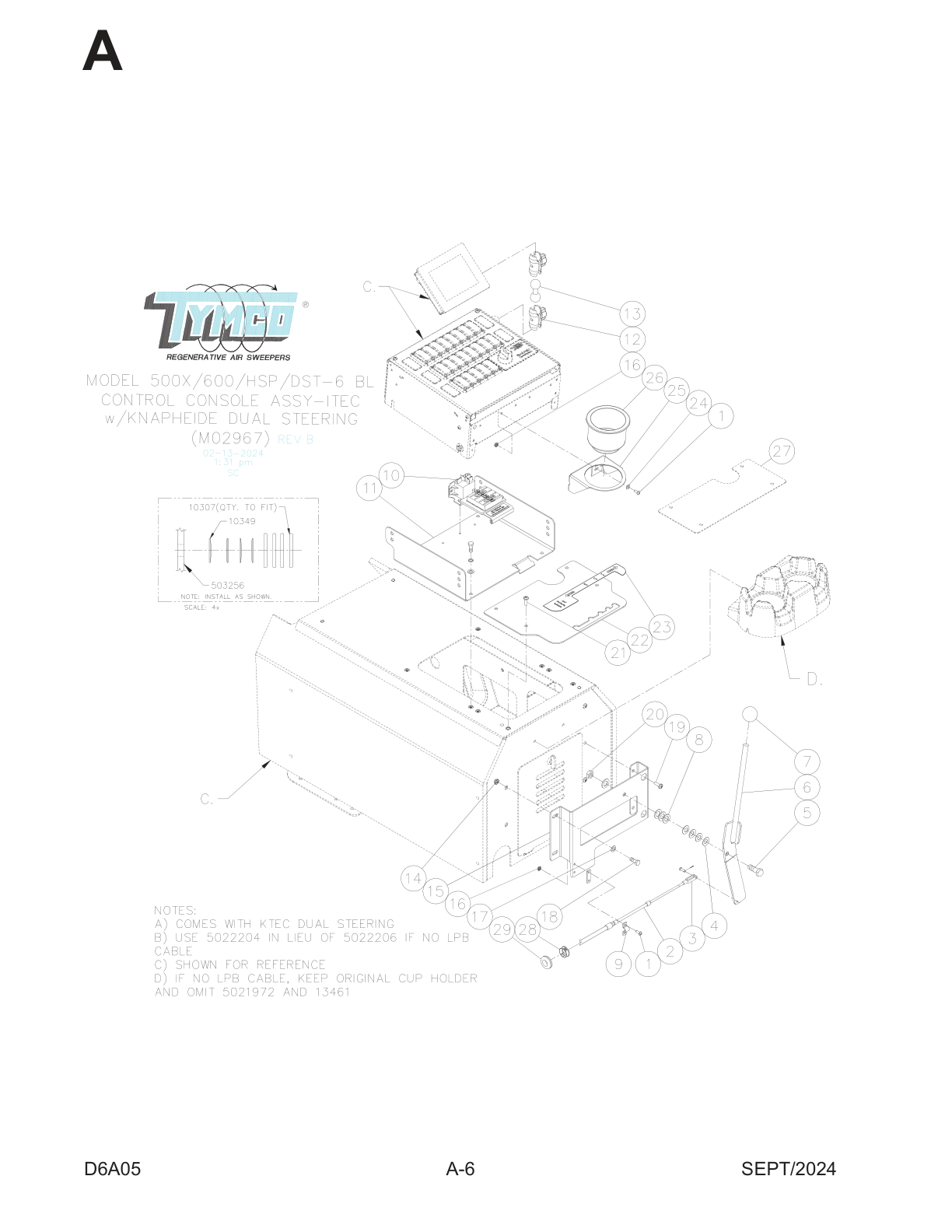 MODEL 500X/600/HSP/DST-6 FT4 — INTERNATIONAL CONSOLE w/KNAPHEIDE DUAL STEERING — ASSEMBLY PARTS LIST