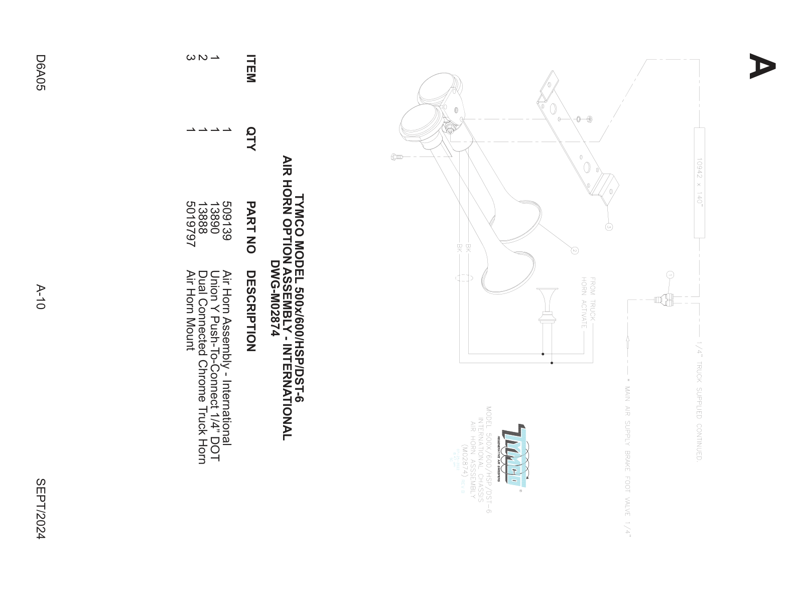 TYMCO MODEL 500x/600/HSP/DST-6 — AIR HORN OPTION ASSEMBLY - INTERNATIONAL — DWG-M02874