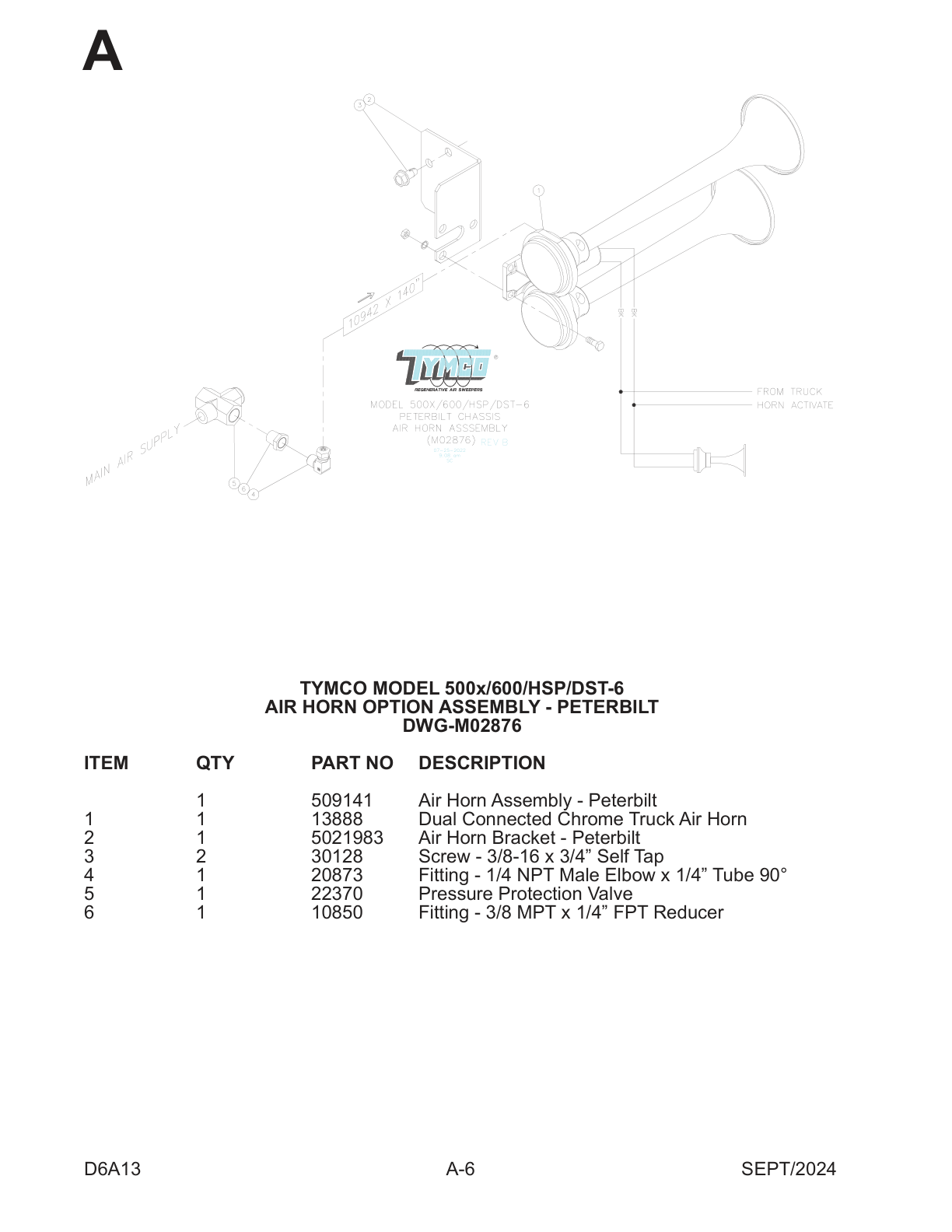 TYMCO MODEL 500x/600/HSP/DST-6 — AIR HORN OPTION ASSEMBLY - PETERBILT — DWG-M02876