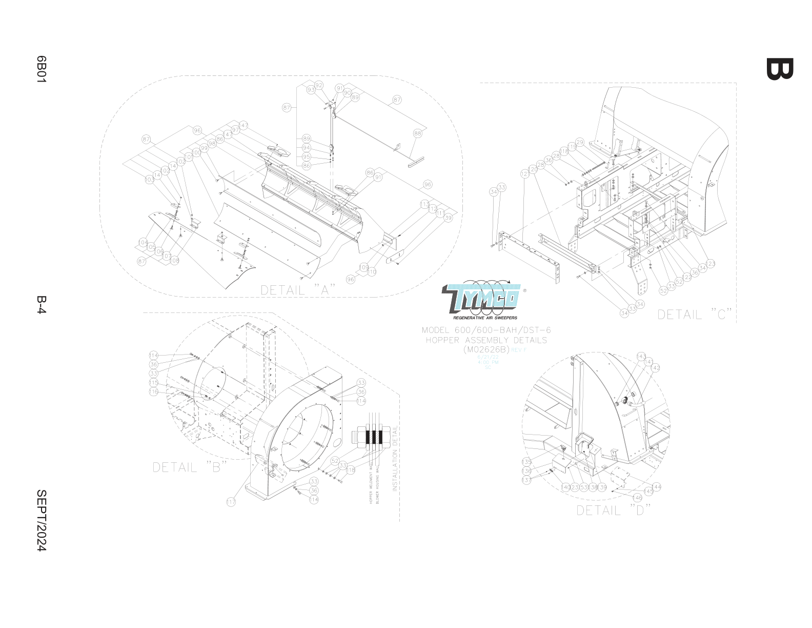 TYMCO MODEL 600/600-BAH/HSP/DST-6 — HOPPER ASSEMBLY PARTS LIST — DWG-M02626 & M02626B