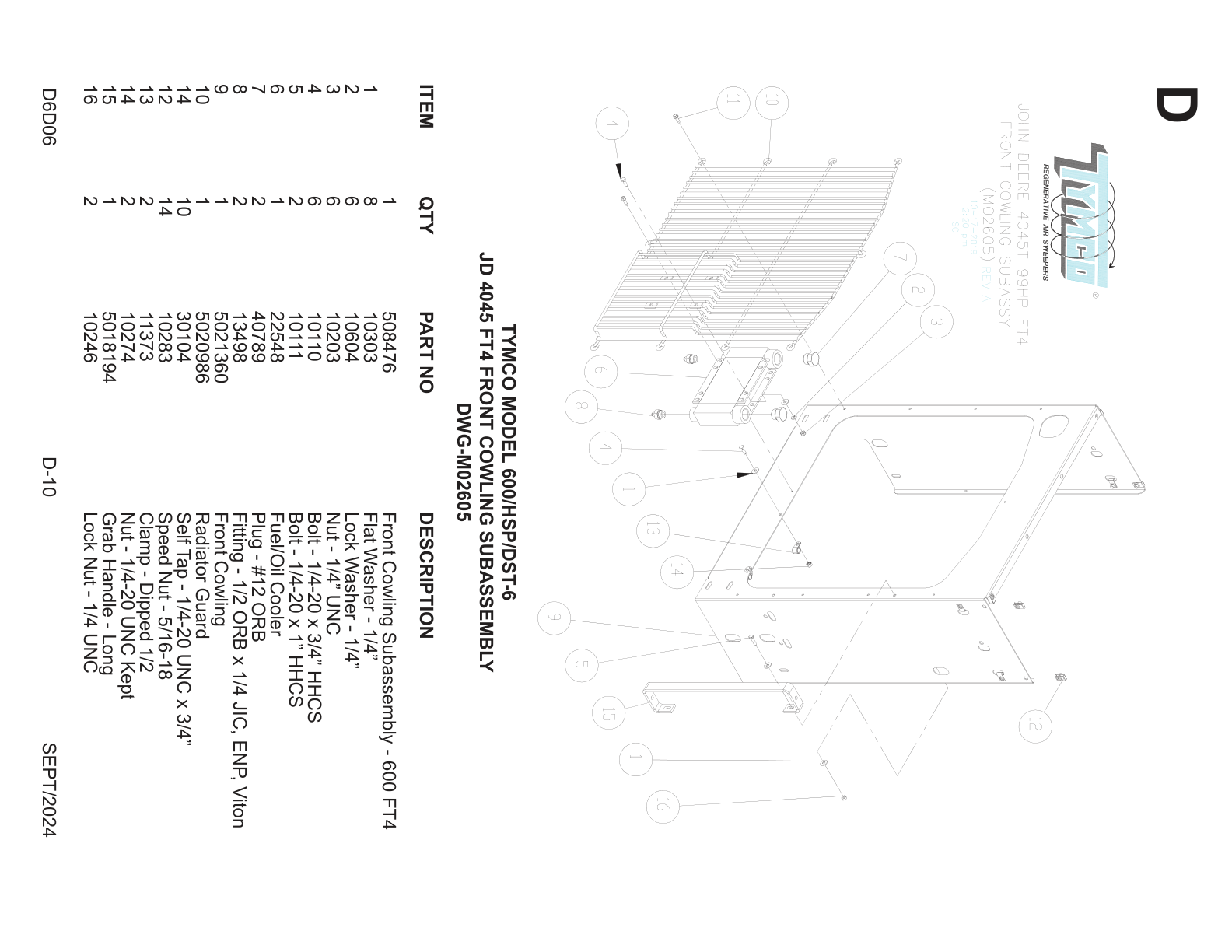 TYMCO MODEL 600/HSP/DST-6 — JD 4045 FT4 FRONT COWLING SUBASSEMBLY — DWG-M02605
