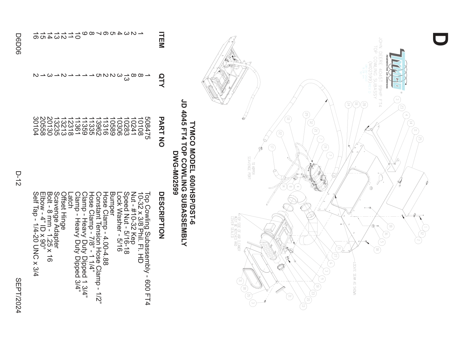 TYMCO MODEL 600/HSP/DST-6 — JD 4045 FT4 TOP COWLING SUBASSEMBLY — DWG-M02599