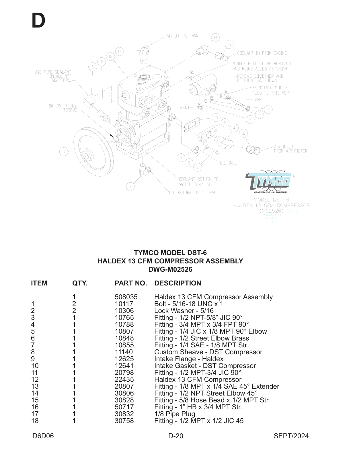 TYMCO MODEL DST-6 — HALDEX 13 CFM COMPRESSOR ASSEMBLY — DWG-M02526