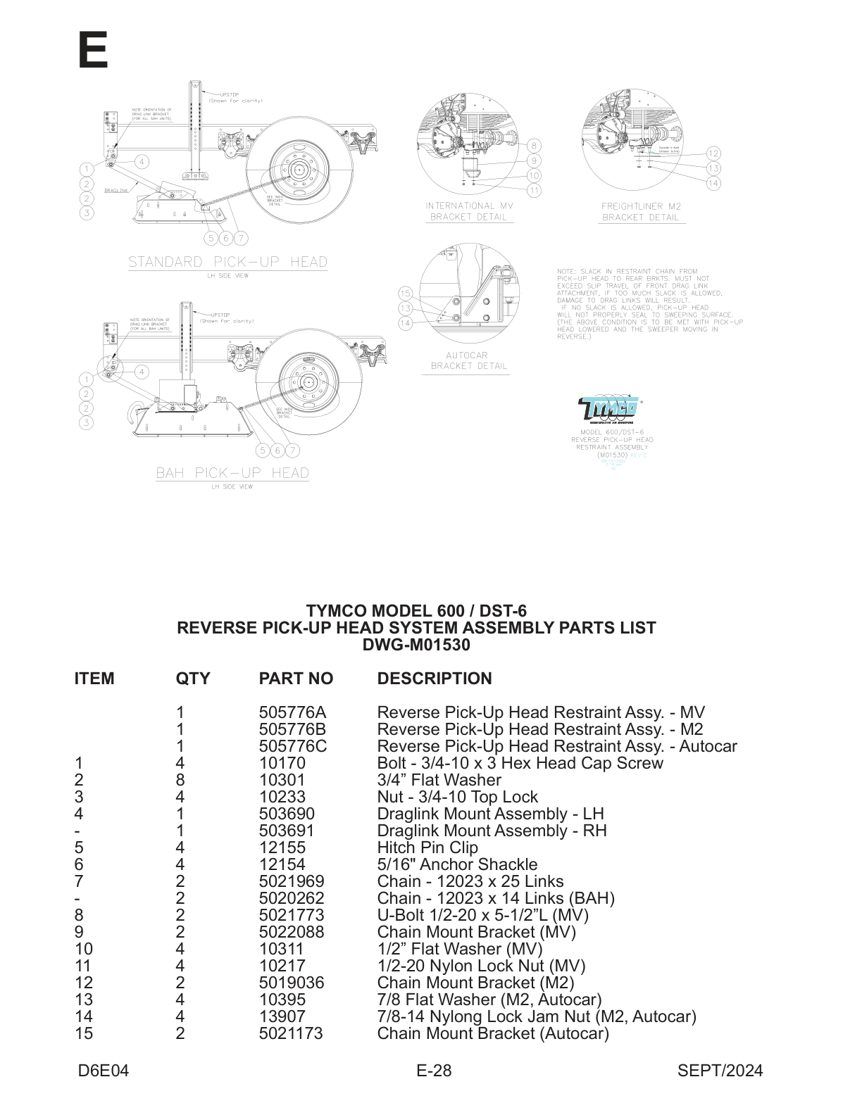 TYMCO MODEL 600 / DST-6 — REVERSE PICK-UP HEAD SYSTEM ASSEMBLY PARTS LIST — DWG-M01530