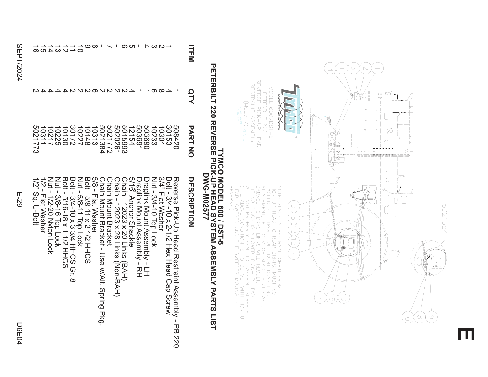TYMCO MODEL 600 / DST-6 — PETERBILT 220 REVERSE PICK-UP HEAD SYSTEM ASSEMBLY PARTS LIST — DWG-M02577