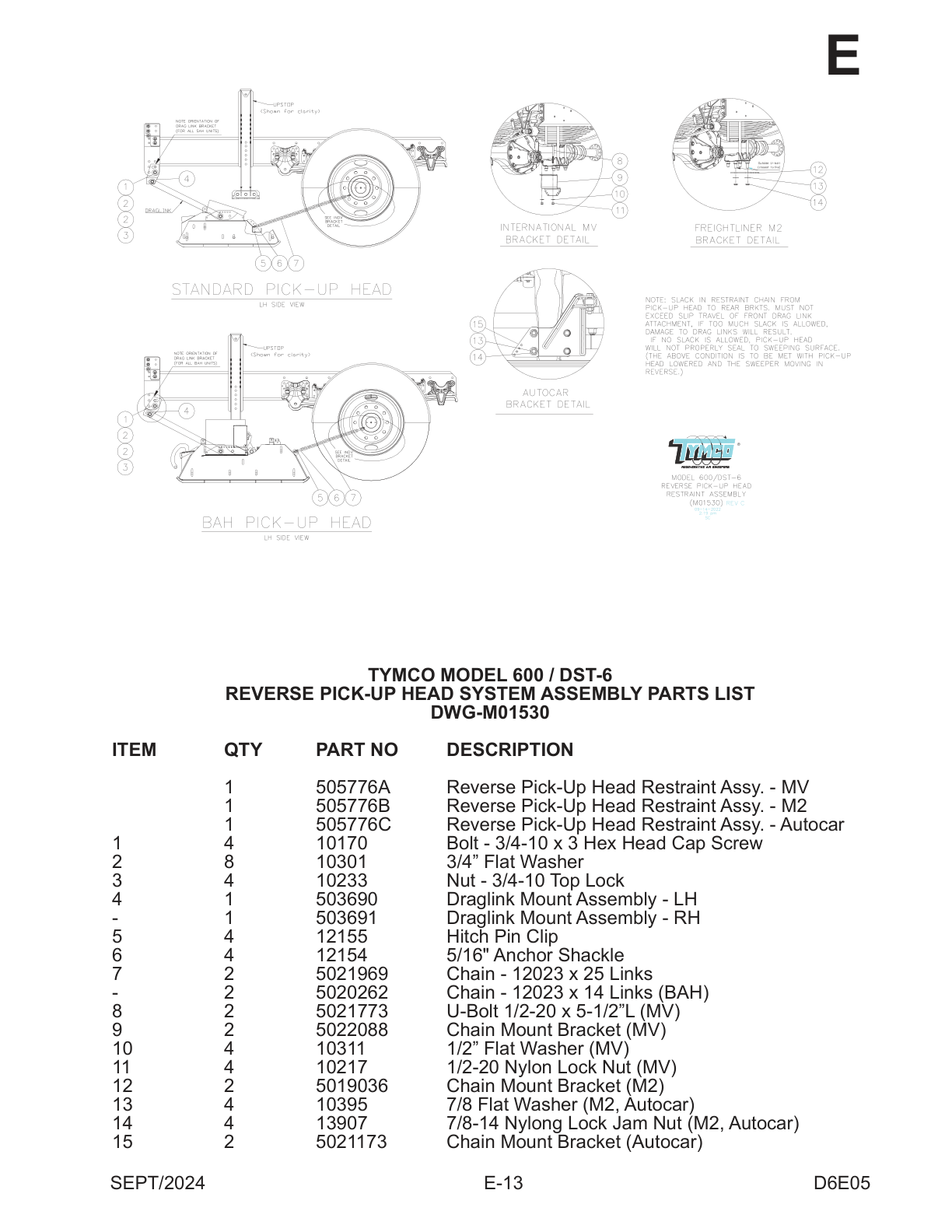 TYMCO MODEL 600 / DST-6 — REVERSE PICK-UP HEAD SYSTEM ASSEMBLY PARTS LIST — DWG-M01530