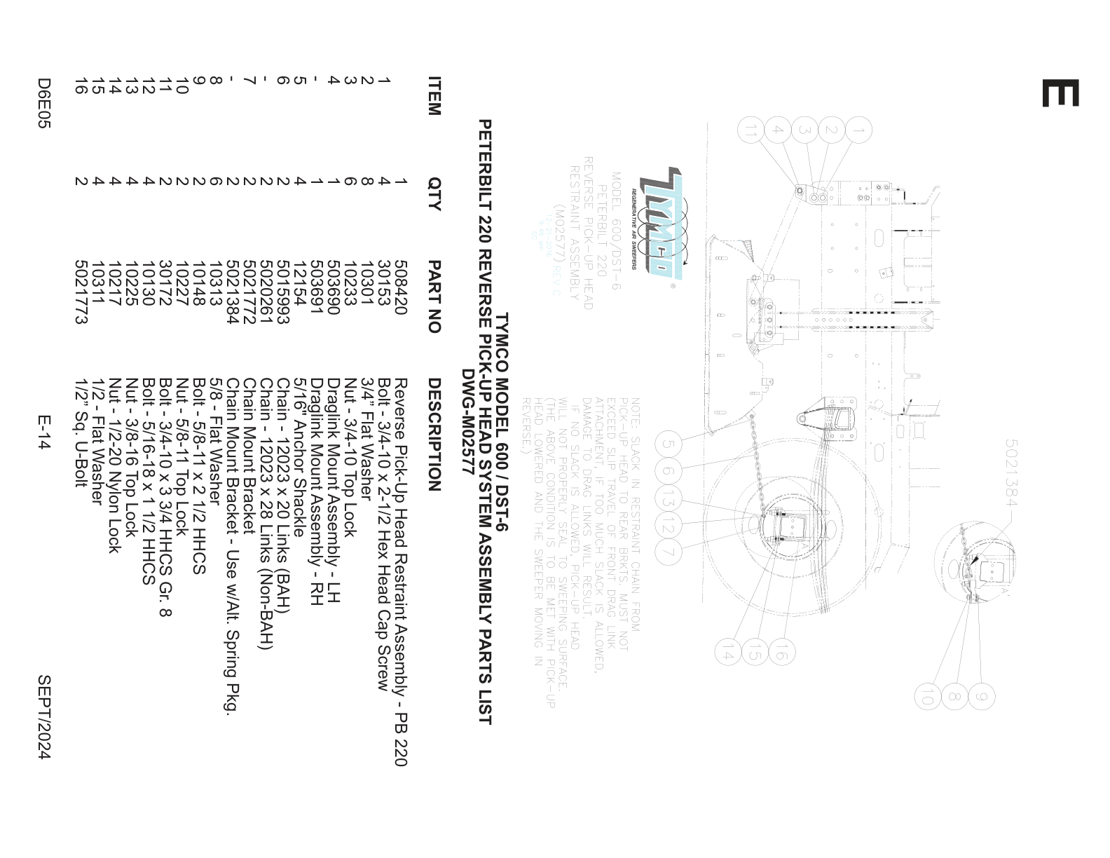 TYMCO MODEL 600 / DST-6 — PETERBILT 220 REVERSE PICK-UP HEAD SYSTEM ASSEMBLY PARTS LIST — DWG-M02577