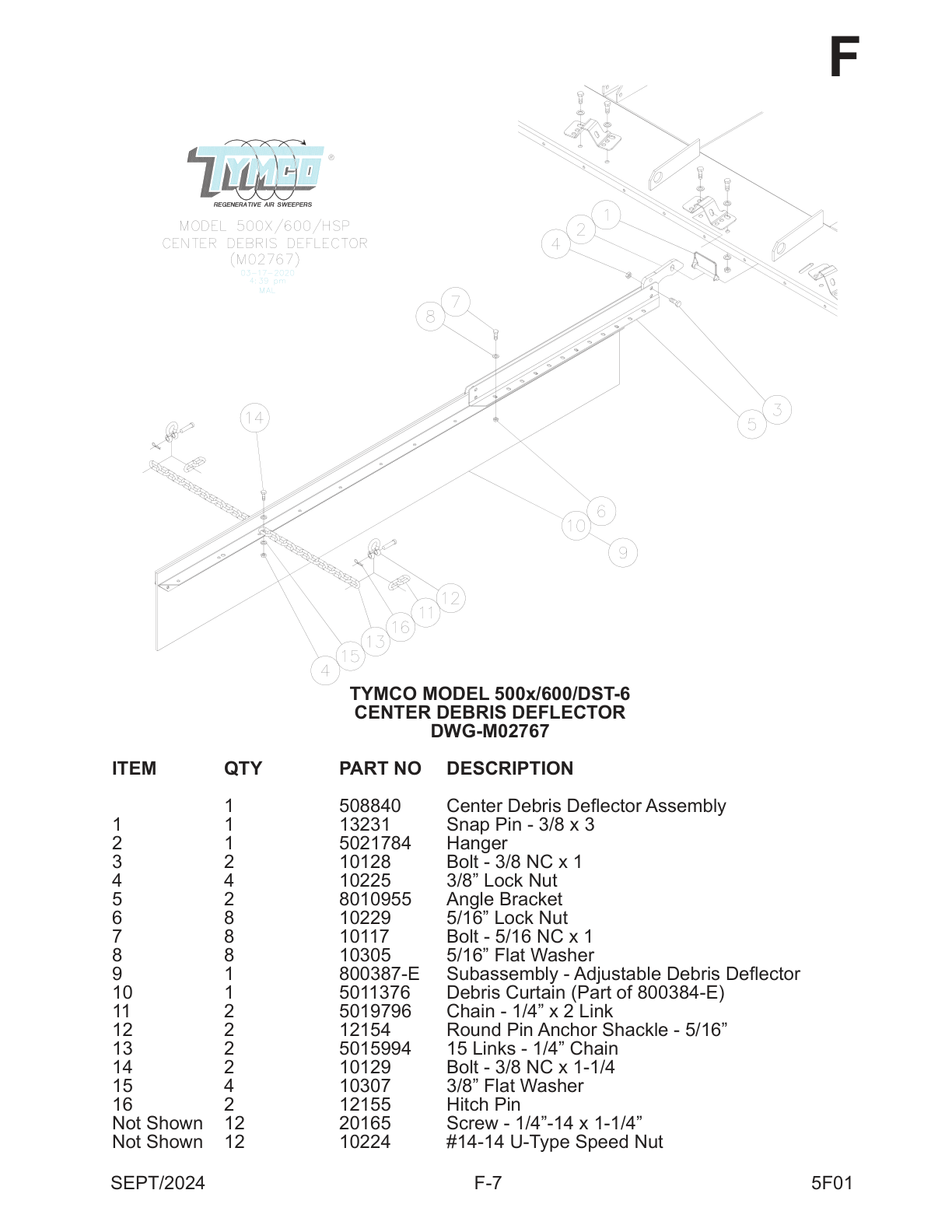 TYMCO MODEL 500x/600/DST-6 — CENTER DEBRIS DEFLECTOR — DWG-M02767