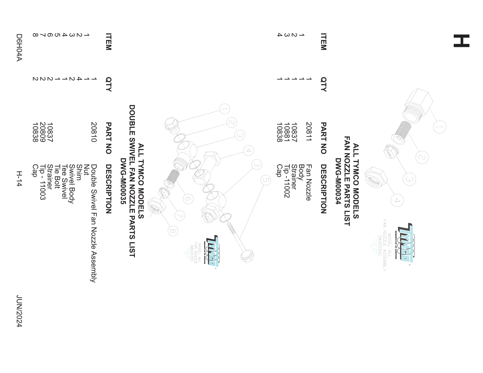 ALL TYMCO MODELS — FAN NOZZLE PARTS LIST — DWG-M00034
