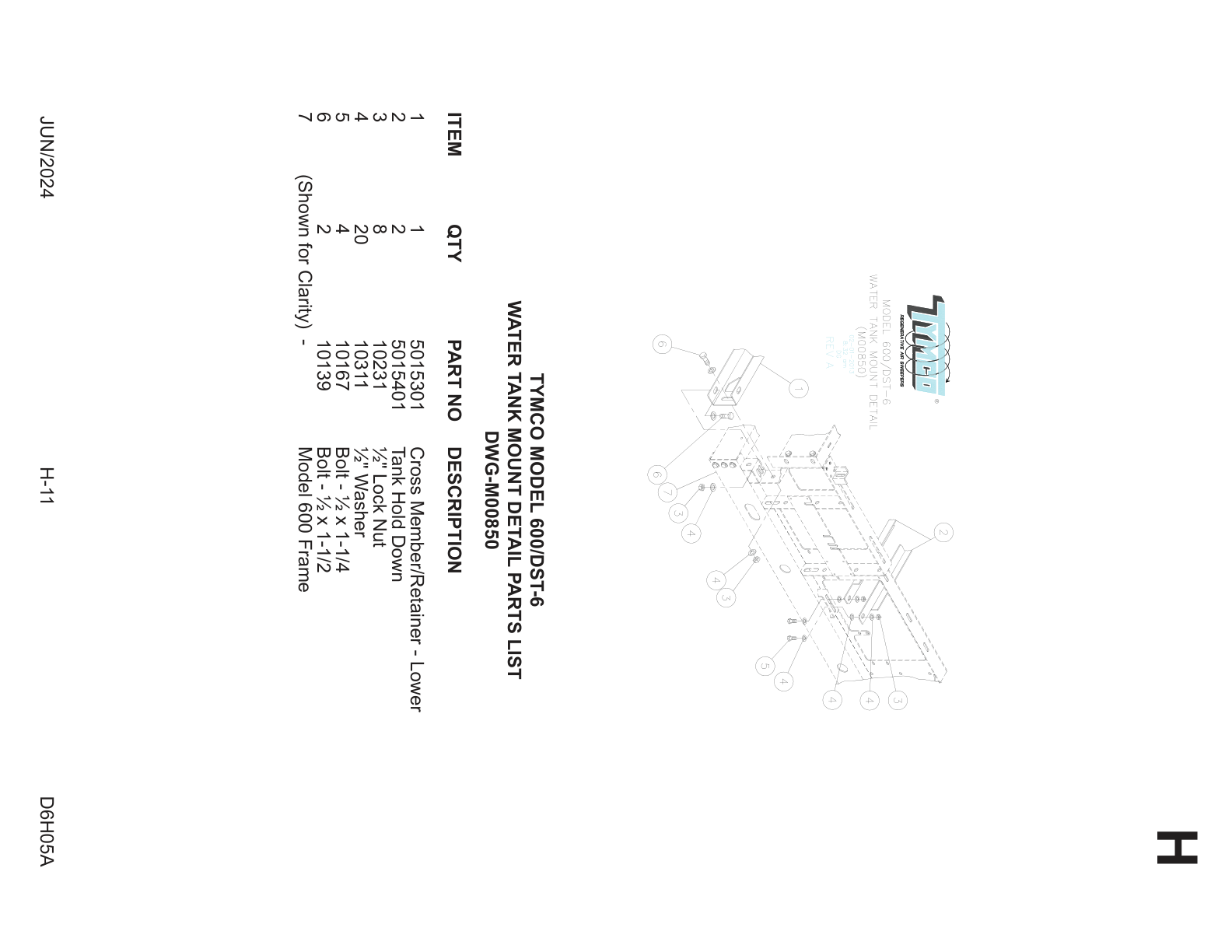 TYMCO MODEL 600/DST-6 — WATER TANK MOUNT DETAIL PARTS LIST — DWG-M00850