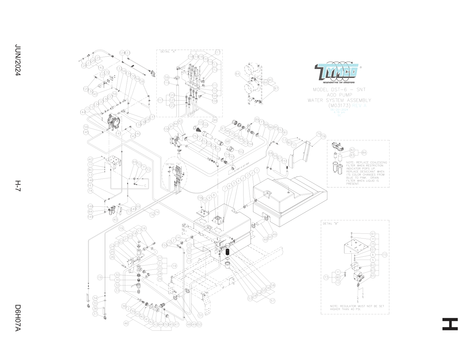 TYMCO MODEL DST-6 — AOD PUMP WATER SYSTEM PARTS LIST — DWG-M03173