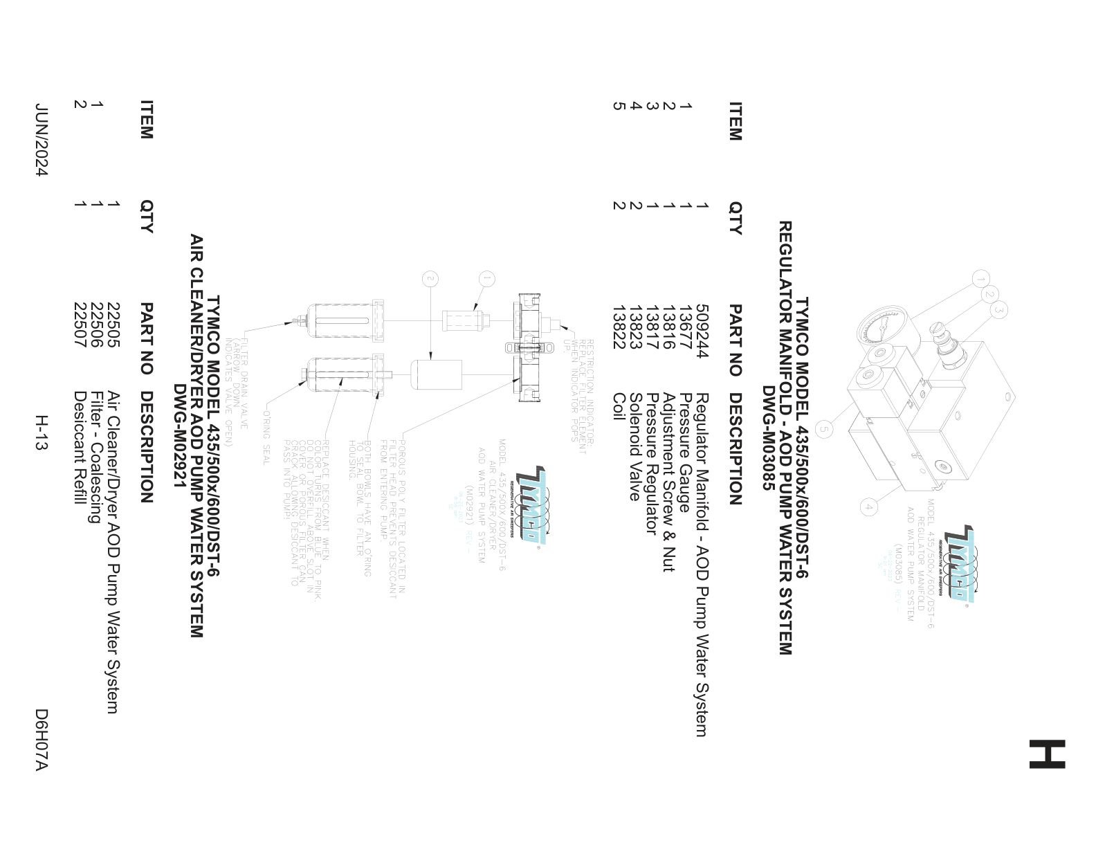 TYMCO MODEL 435/500x/600/DST-6 — REGULATOR MANIFOLD - AOD PUMP WATER SYSTEM — DWG-M03085