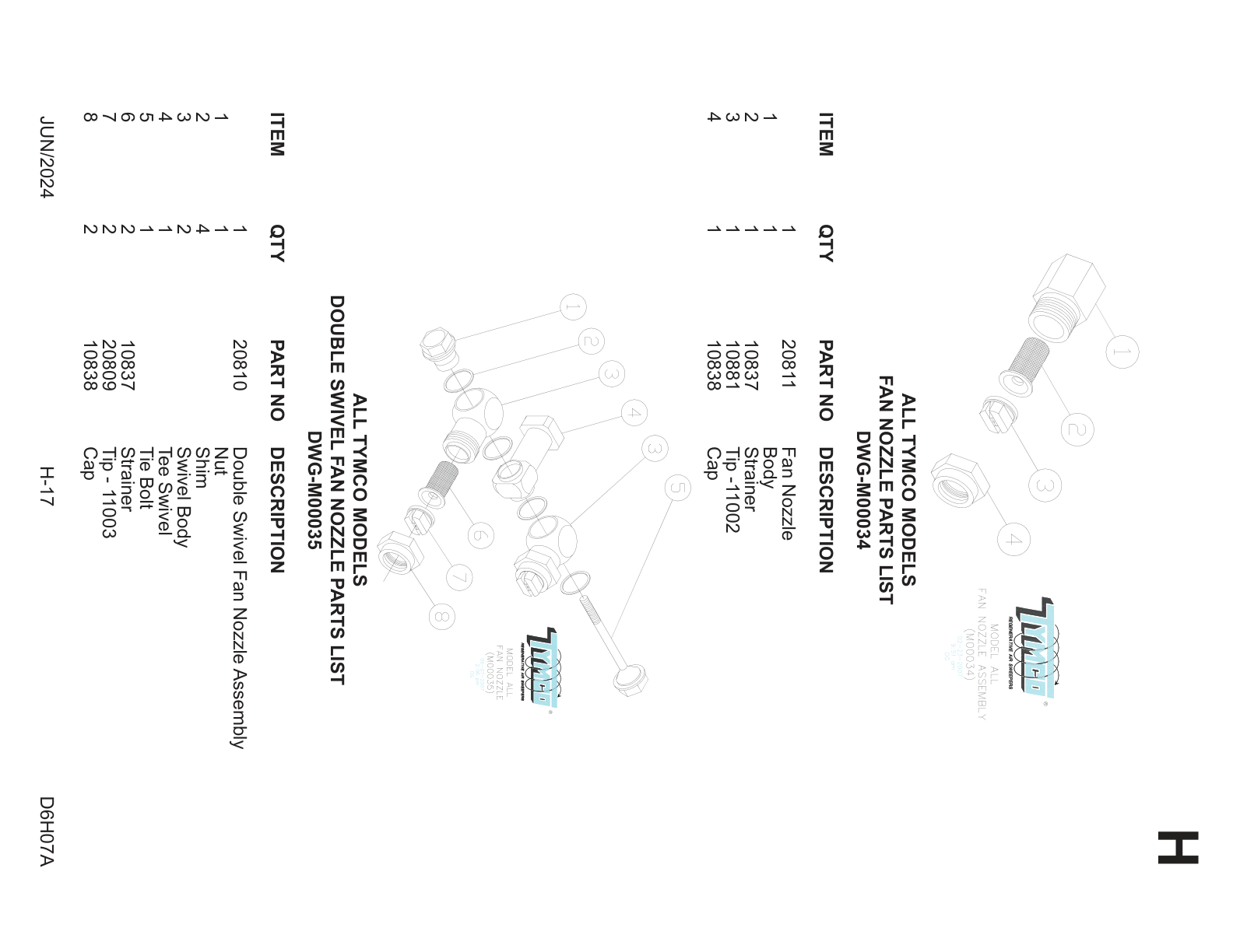 ALL TYMCO MODELS — FAN NOZZLE PARTS LIST — DWG-M00034