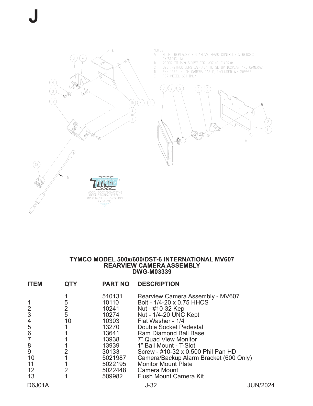 TYMCO MODEL 500x/600/DST-6 INTERNATIONAL MV607 — REARVIEW CAMERA ASSEMBLY — DWG-M03339