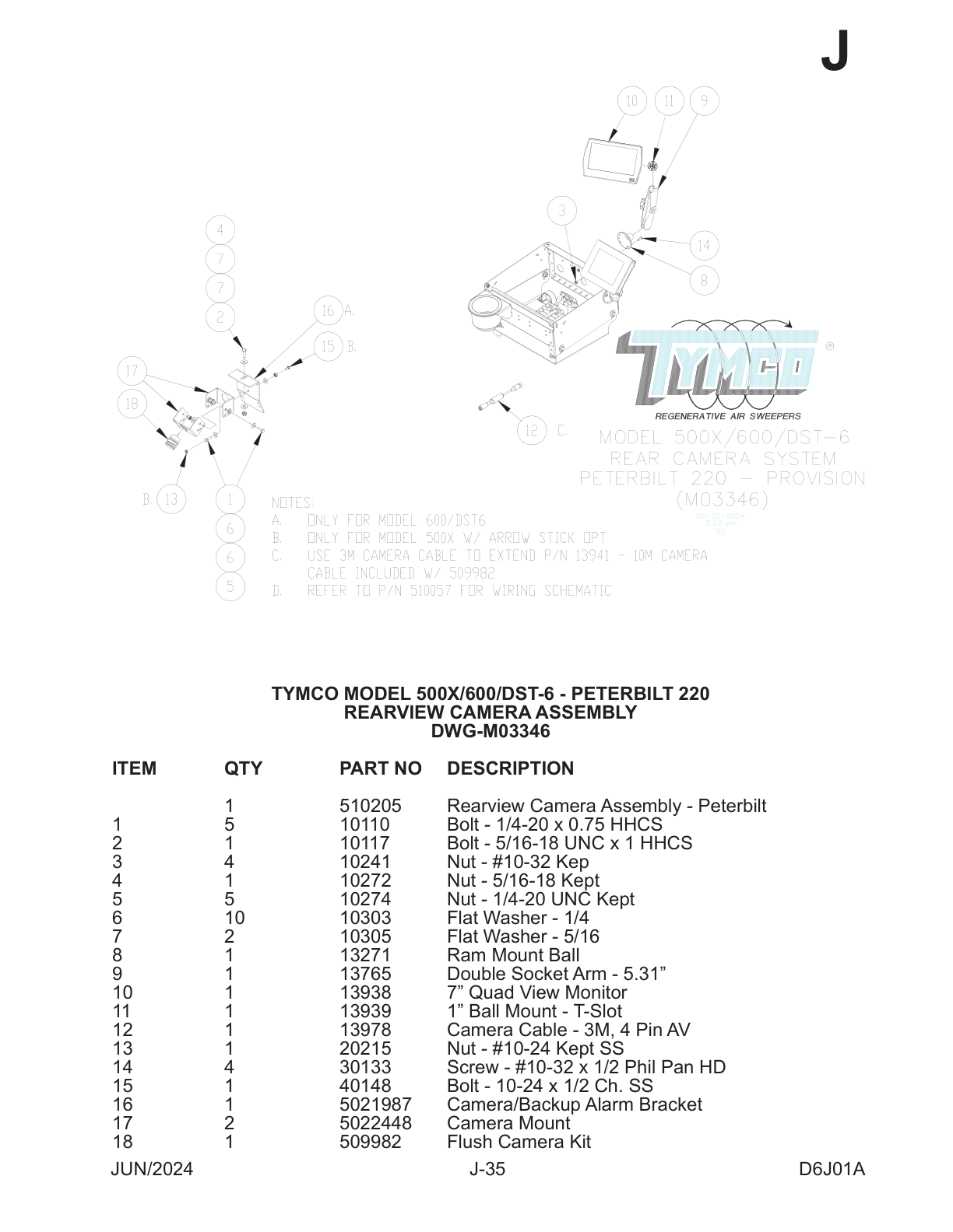 TYMCO MODEL 500X/600/DST-6 - PETERBILT 220 — REARVIEW CAMERA ASSEMBLY — DWG-M03346