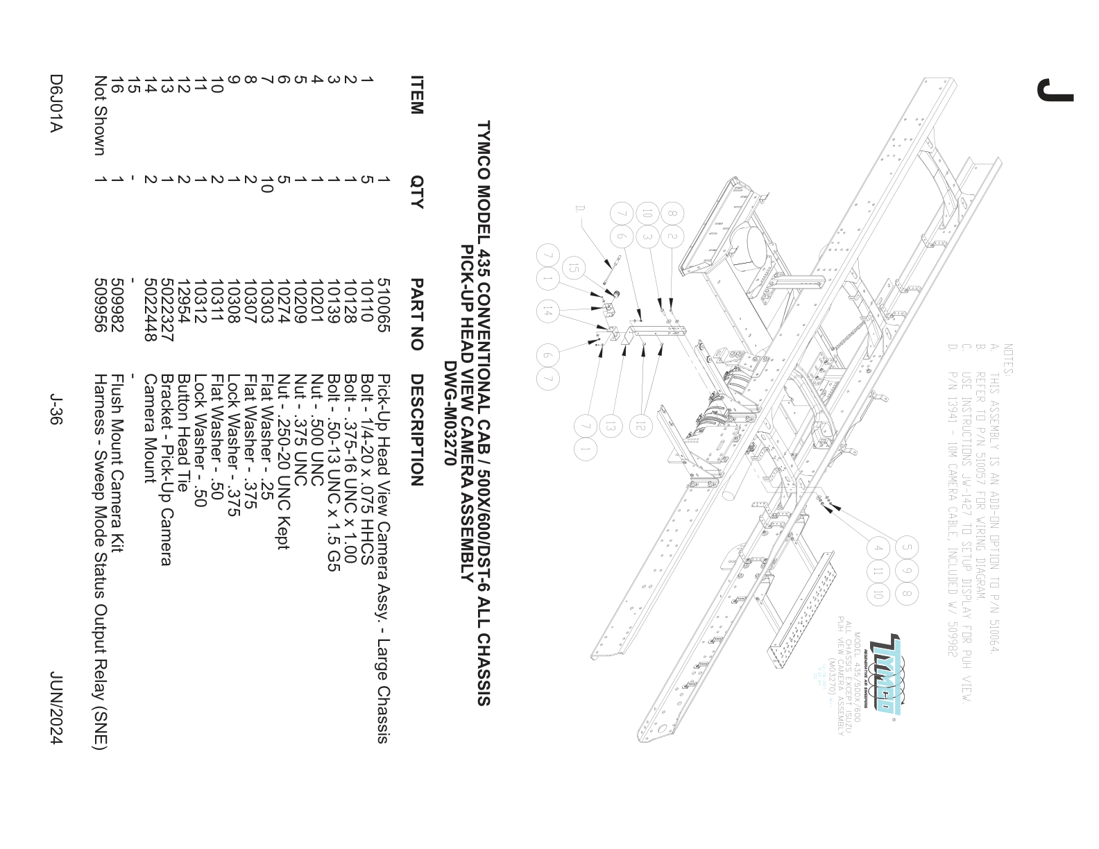 TYMCO MODEL 435 CONVENTIONAL CAB / 500X/600/DST-6 ALL CHASSIS — PICK-UP HEAD VIEW CAMERA ASSEMBLY — DWG-M03270