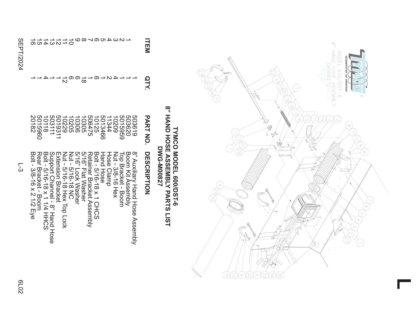 TYMCO MODEL 600/DST-6 — 8” HAND HOSE ASSEMBLY PARTS LIST — DWG-M00827
