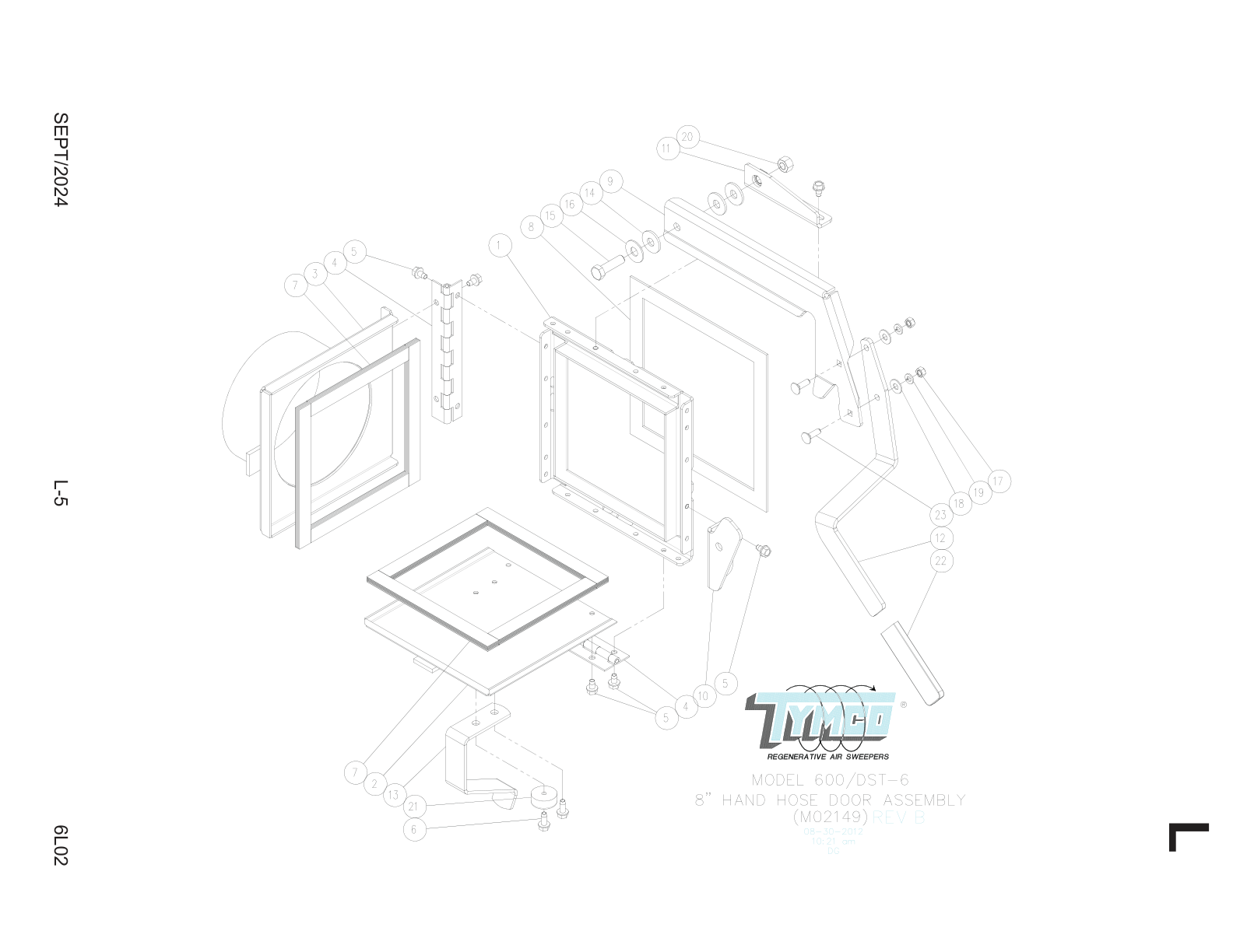 TYMCO MODEL 600/DST-6 — 8” HAND HOSE DOOR ASSEMBLY PARTS LIST — DWG-M02149
