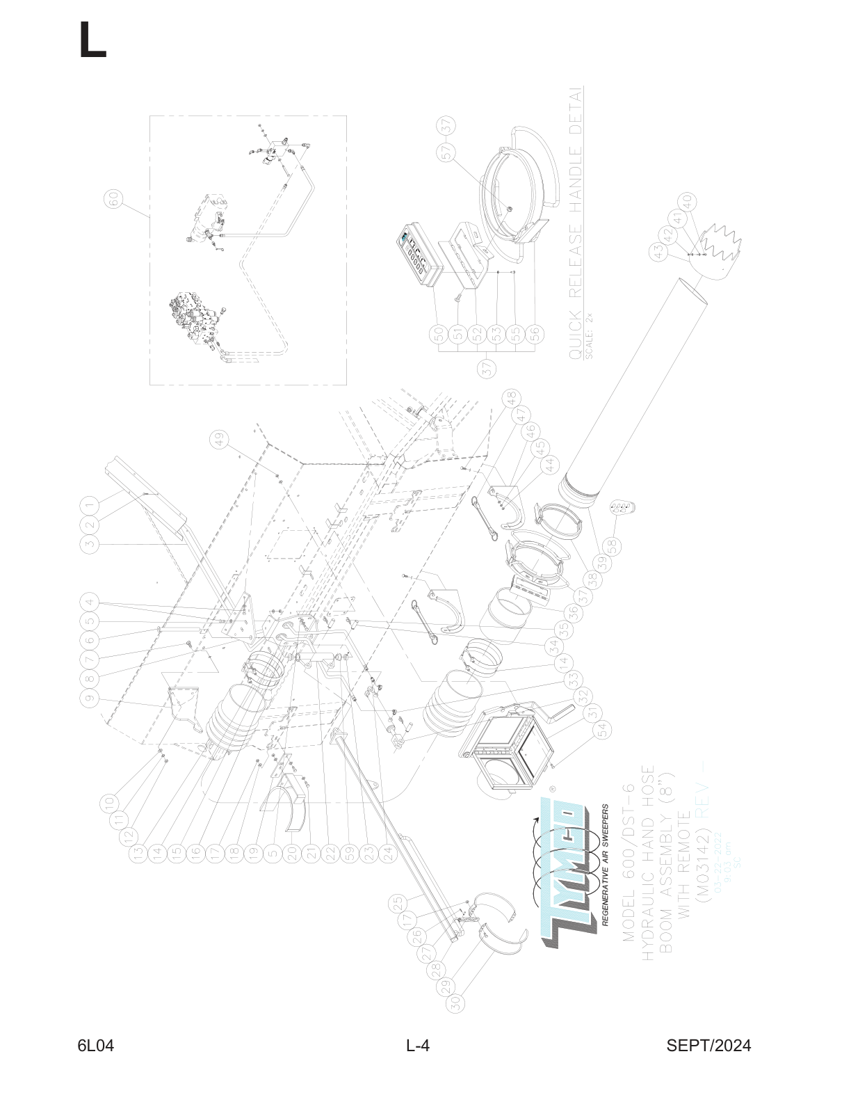 TYMCO MODEL 600/600 BAH/DST-6 — 8” (20 cm) HYDRAULIC HAND HOSE BOOM WITH REMOTE — DWG-M03142