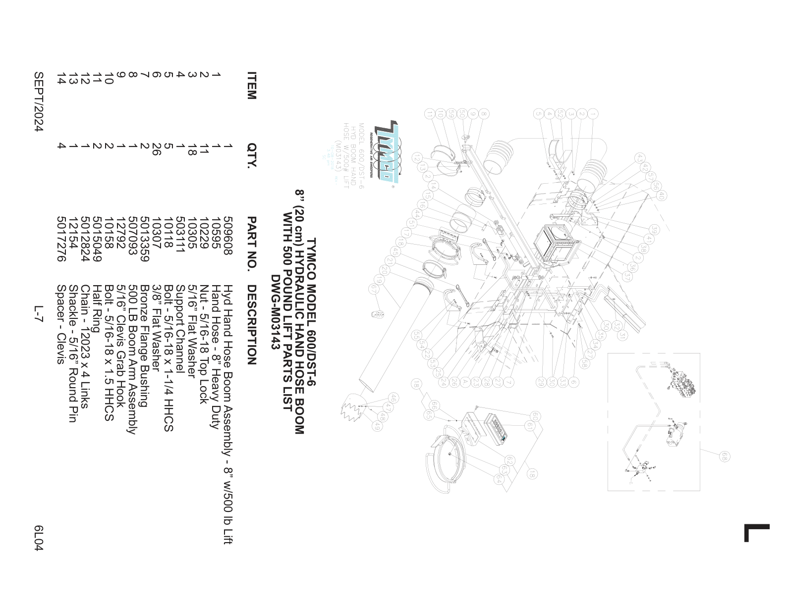 TYMCO MODEL 600/DST-6 — 8” (20 cm) HYDRAULIC HAND HOSE BOOM — WITH 500 POUND LIFT PARTS LIST