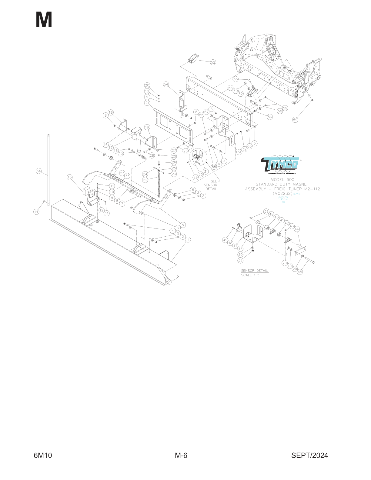TYMCO MODEL 500x/600 — FREIGHTLINER M2-112 STANDARD DUTY MAGNET ASSEMBLY — DWG-M02232 & M02232A