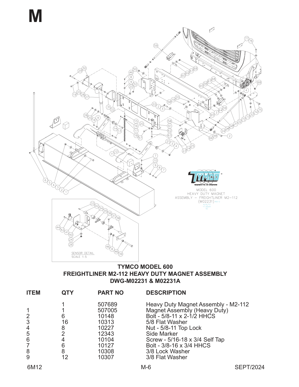 TYMCO MODEL 600 — FREIGHTLINER M2-112 HEAVY DUTY MAGNET ASSEMBLY — DWG-M02231 & M02231A