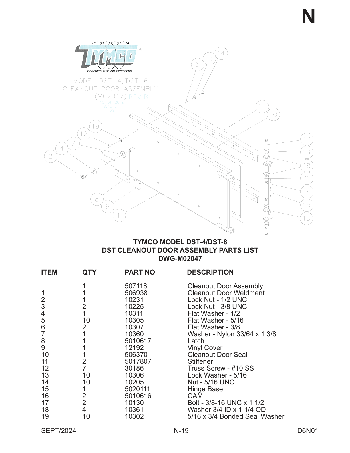 TYMCO MODEL DST-4/DST-6 — DST CLEANOUT DOOR ASSEMBLY PARTS LIST — DWG-M02047