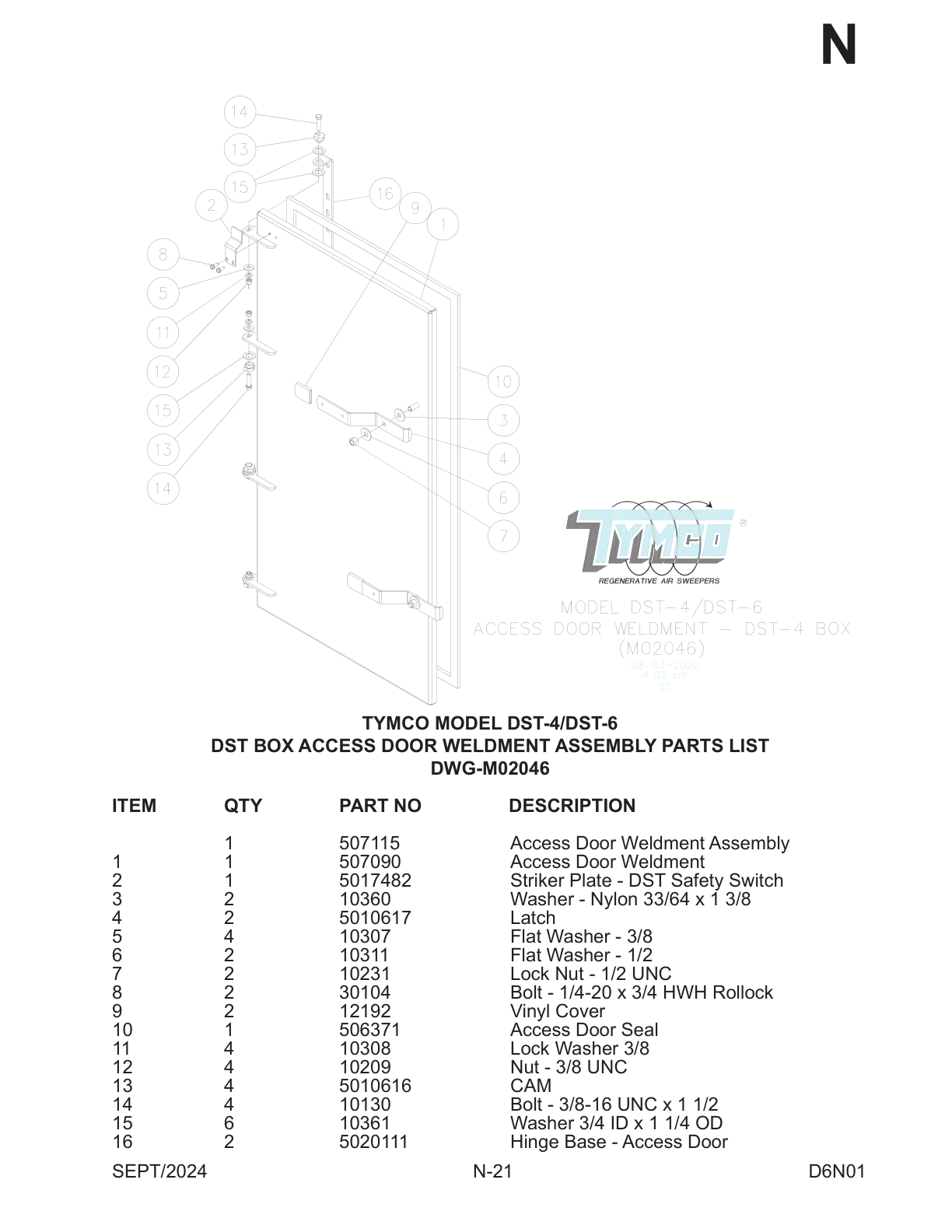 TYMCO MODEL DST-4/DST-6 — DST BOX ACCESS DOOR WELDMENT ASSEMBLY PARTS LIST — DWG-M02046