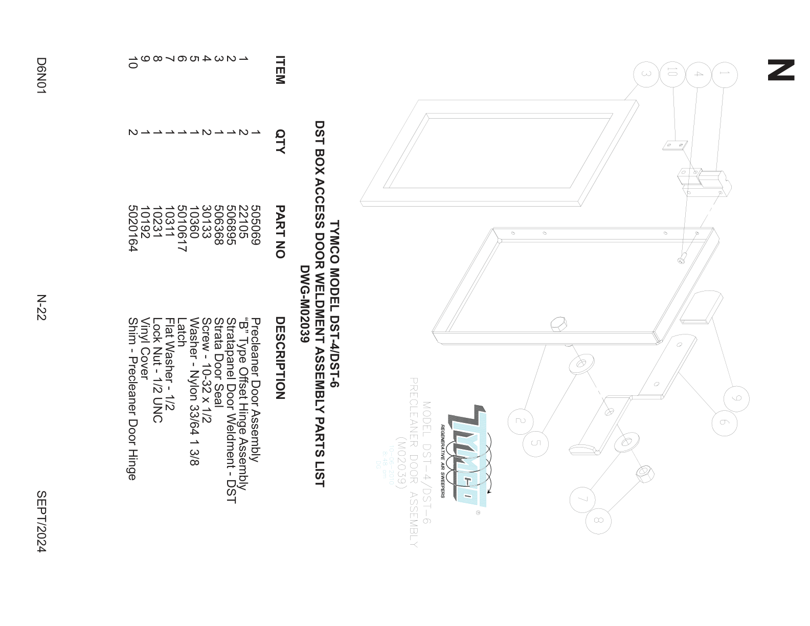 TYMCO MODEL DST-4/DST-6 — DST BOX ACCESS DOOR WELDMENT ASSEMBLY PARTS LIST — DWG-M02039