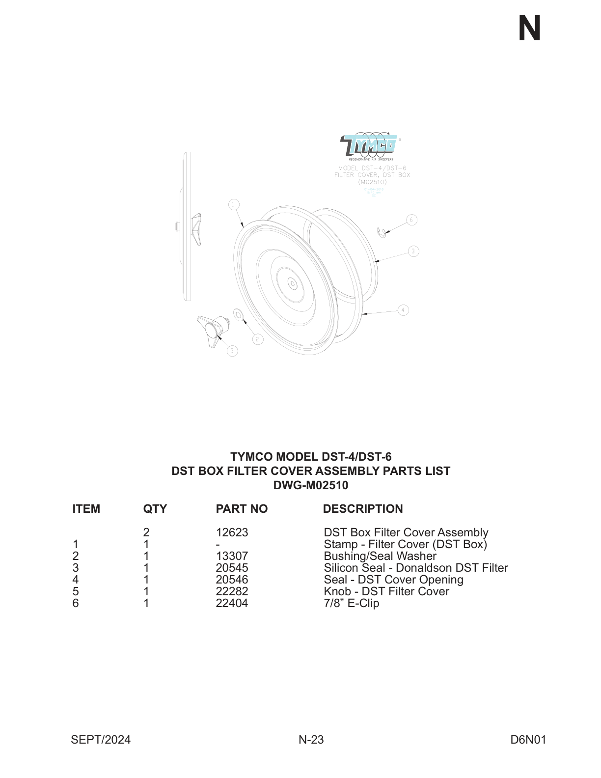 TYMCO MODEL DST-4/DST-6 — DST BOX FILTER COVER ASSEMBLY PARTS LIST — DWG-M02510