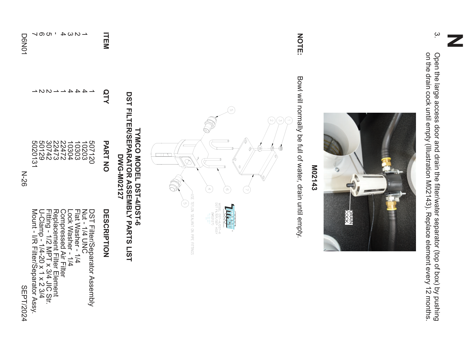 Open the large access door and drain the ﬁ lter/water separator (top of box) by pushing — on the drain cock until empty (Illustration M02143). Replace element every 12 months. — DRAIN