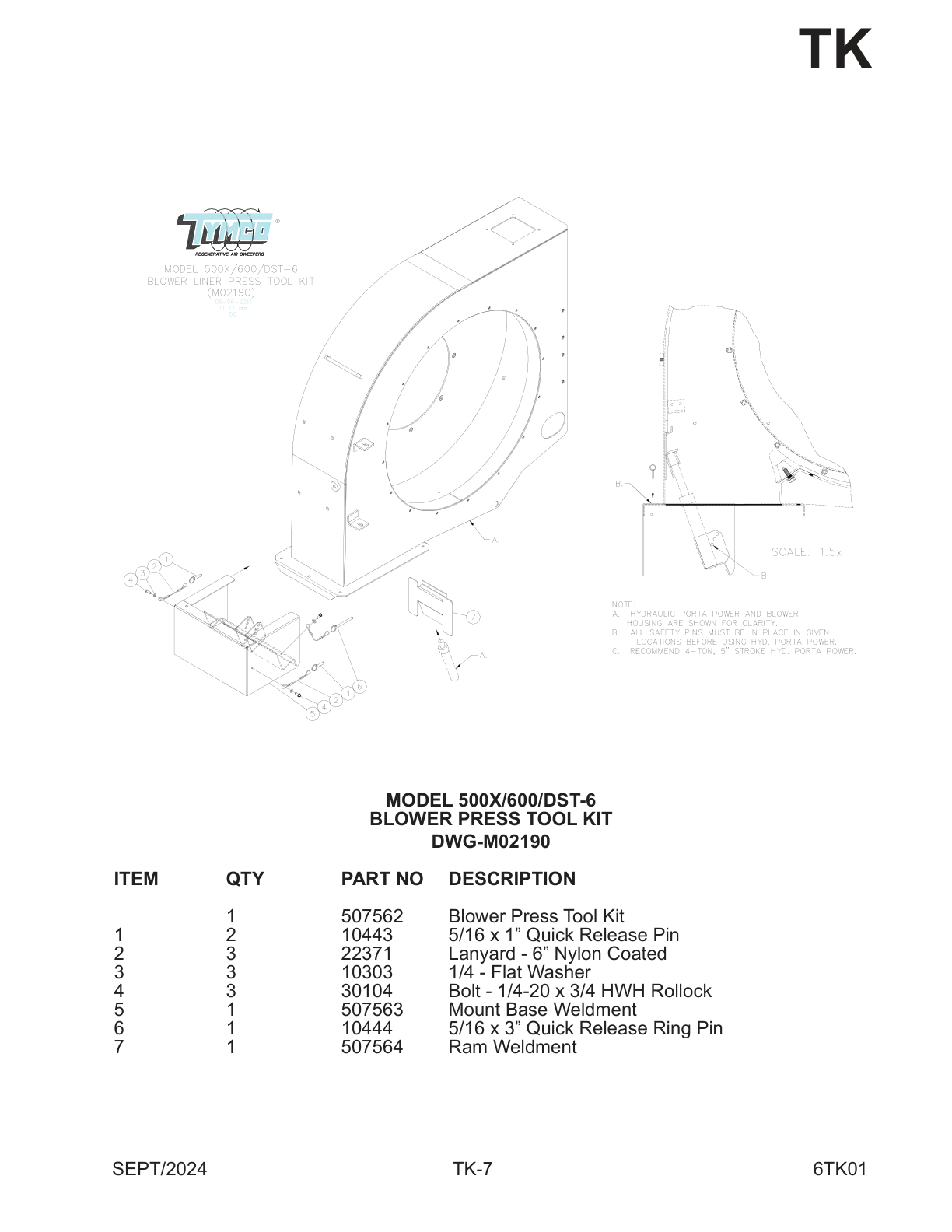 MODEL 500X/600/DST-6 — BLOWER PRESS TOOL KIT — DWG-M02190