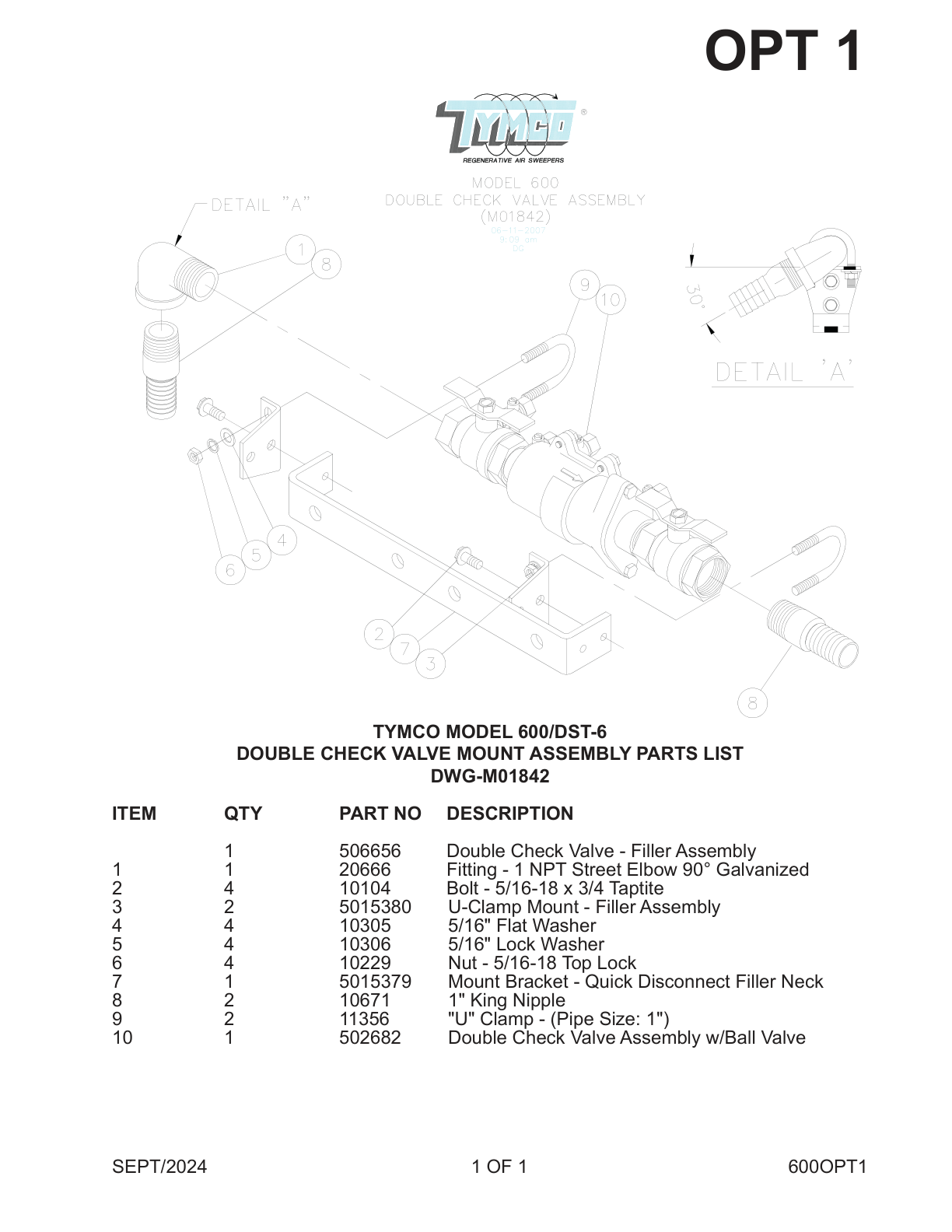 TYMCO MODEL 600/DST-6 — DOUBLE CHECK VALVE MOUNT ASSEMBLY PARTS LIST — DWG-M01842