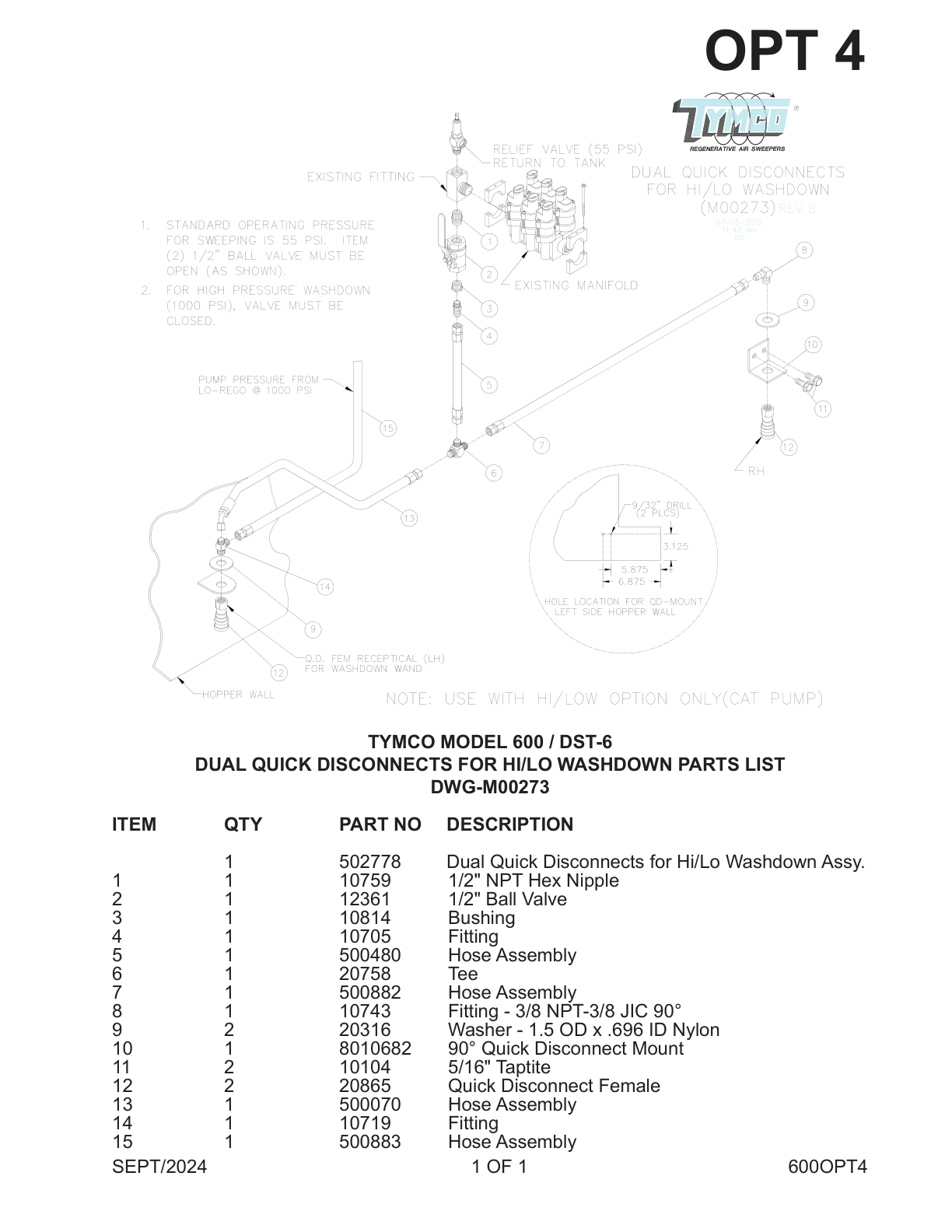 TYMCO MODEL 600 / DST-6 — DUAL QUICK DISCONNECTS FOR HI/LO WASHDOWN PARTS LIST — DWG-M00273