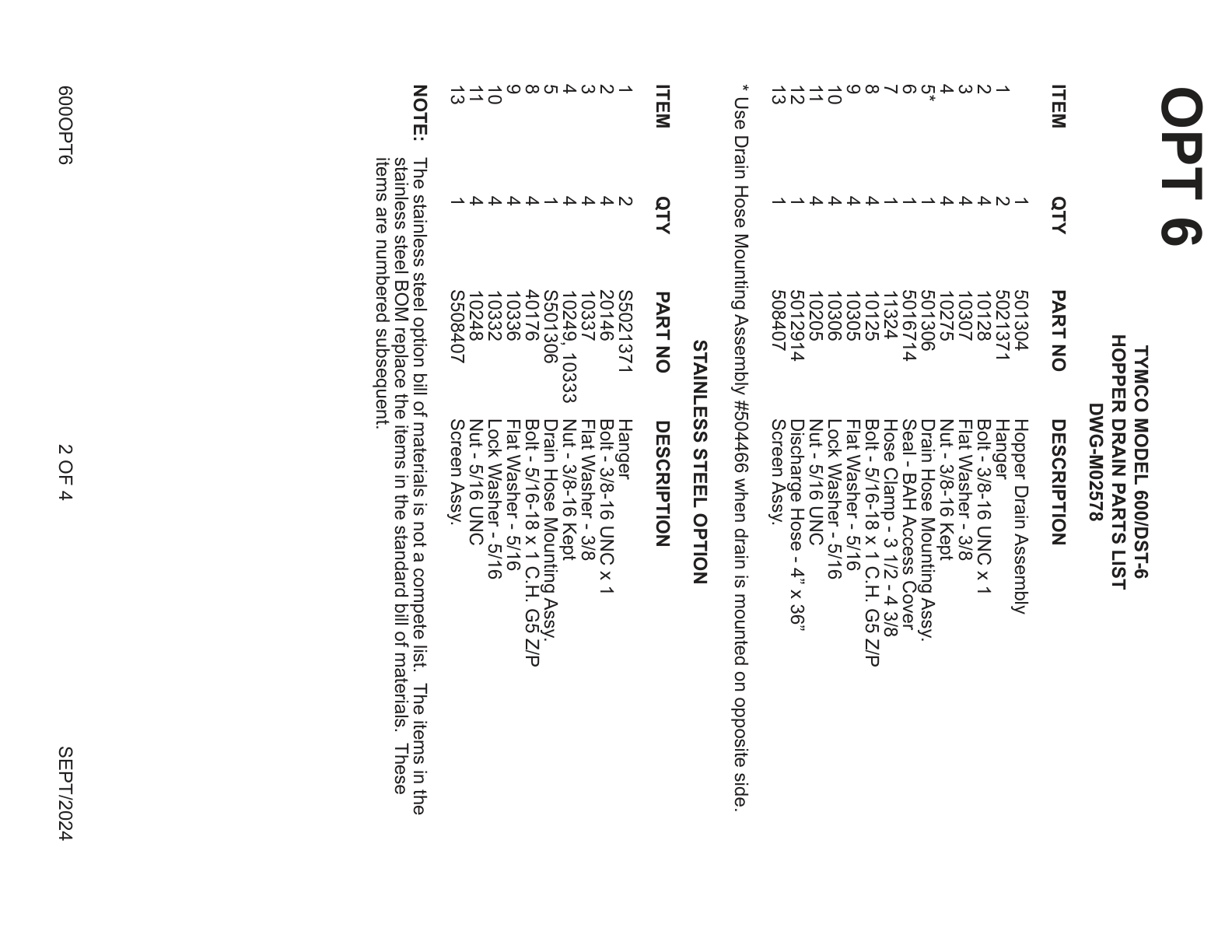 TYMCO MODEL 600/DST-6 — HOPPER DRAIN PARTS LIST — DWG-M02578