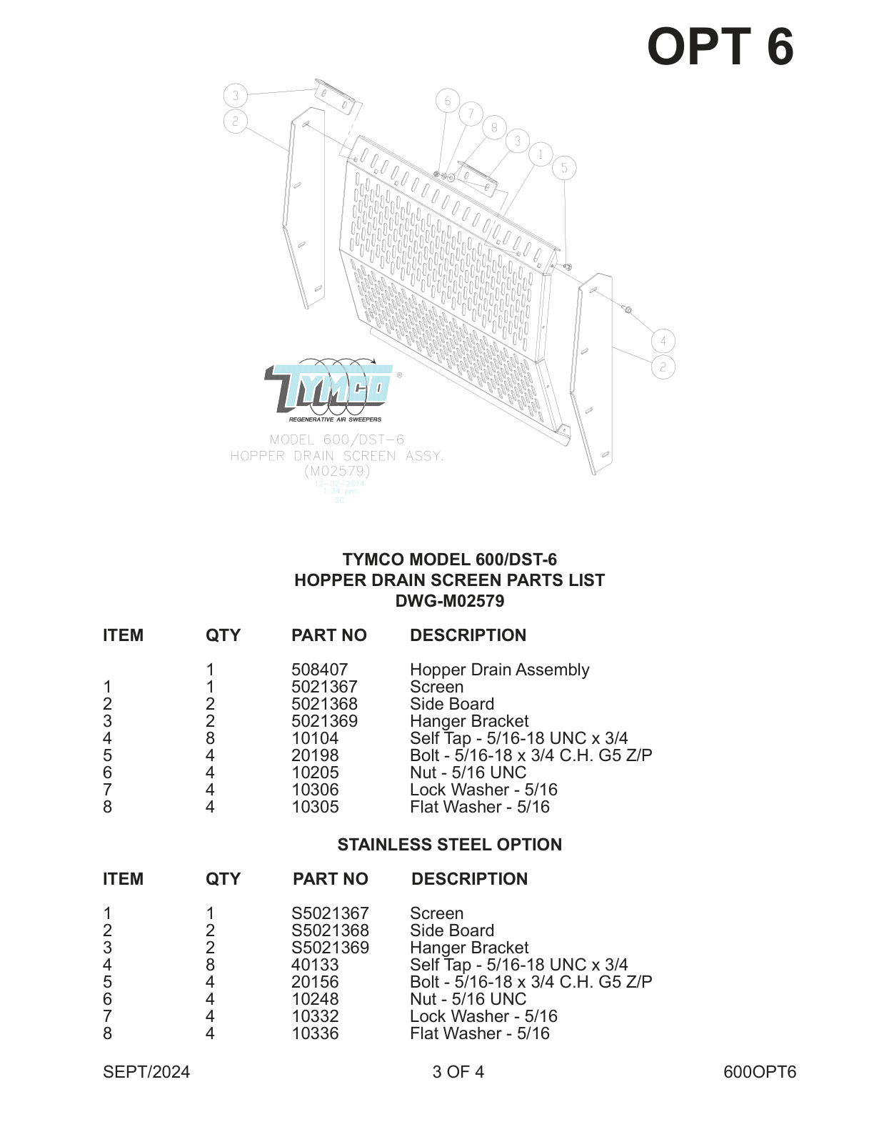 TYMCO MODEL 600/DST-6 — HOPPER DRAIN SCREEN PARTS LIST — DWG-M02579