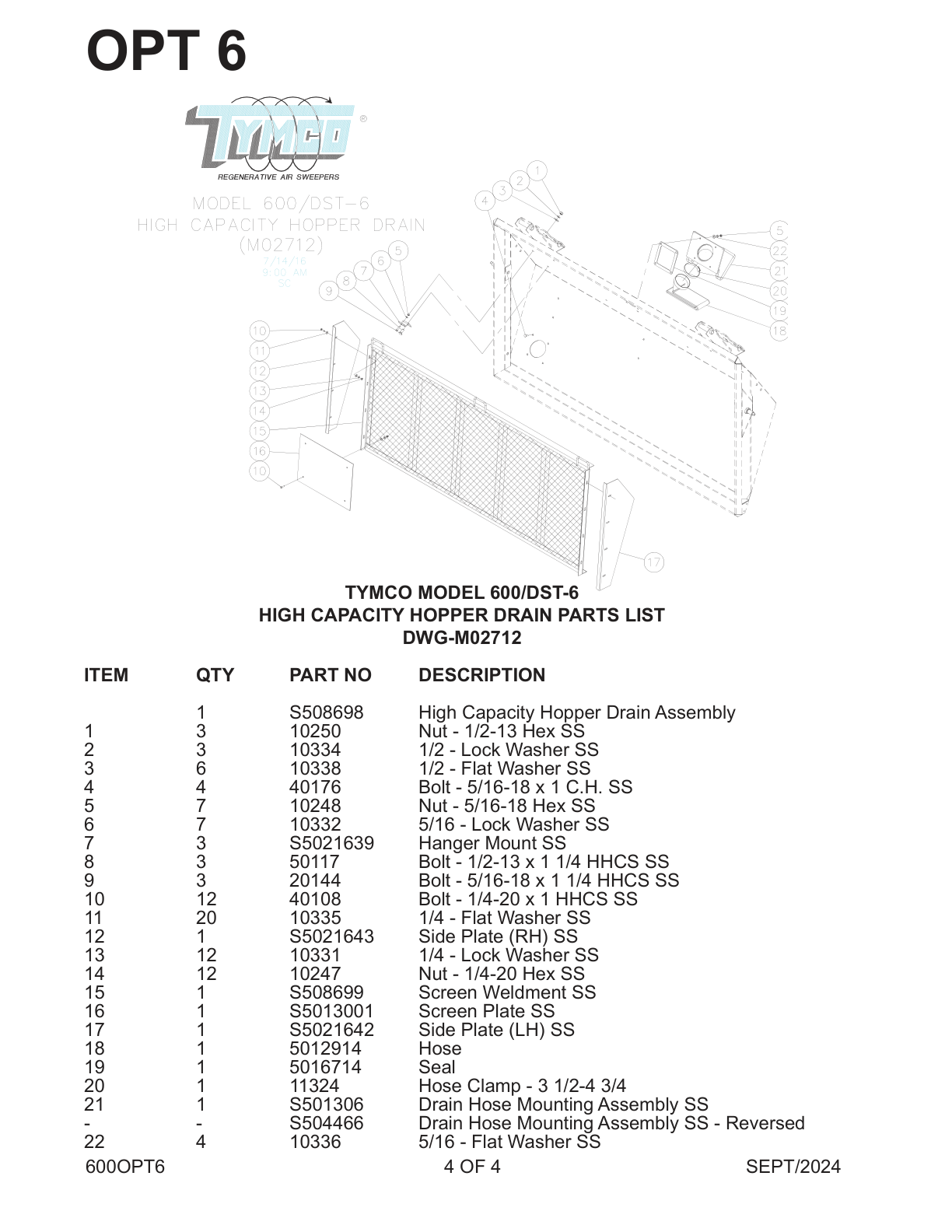TYMCO MODEL 600/DST-6 — HIGH CAPACITY HOPPER DRAIN PARTS LIST — DWG-M02712