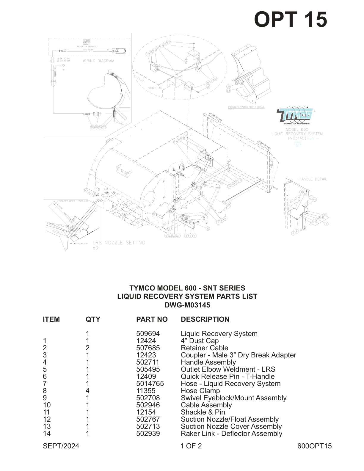 TYMCO MODEL 600 - SNT SERIES — LIQUID RECOVERY SYSTEM PARTS LIST — DWG-M03145