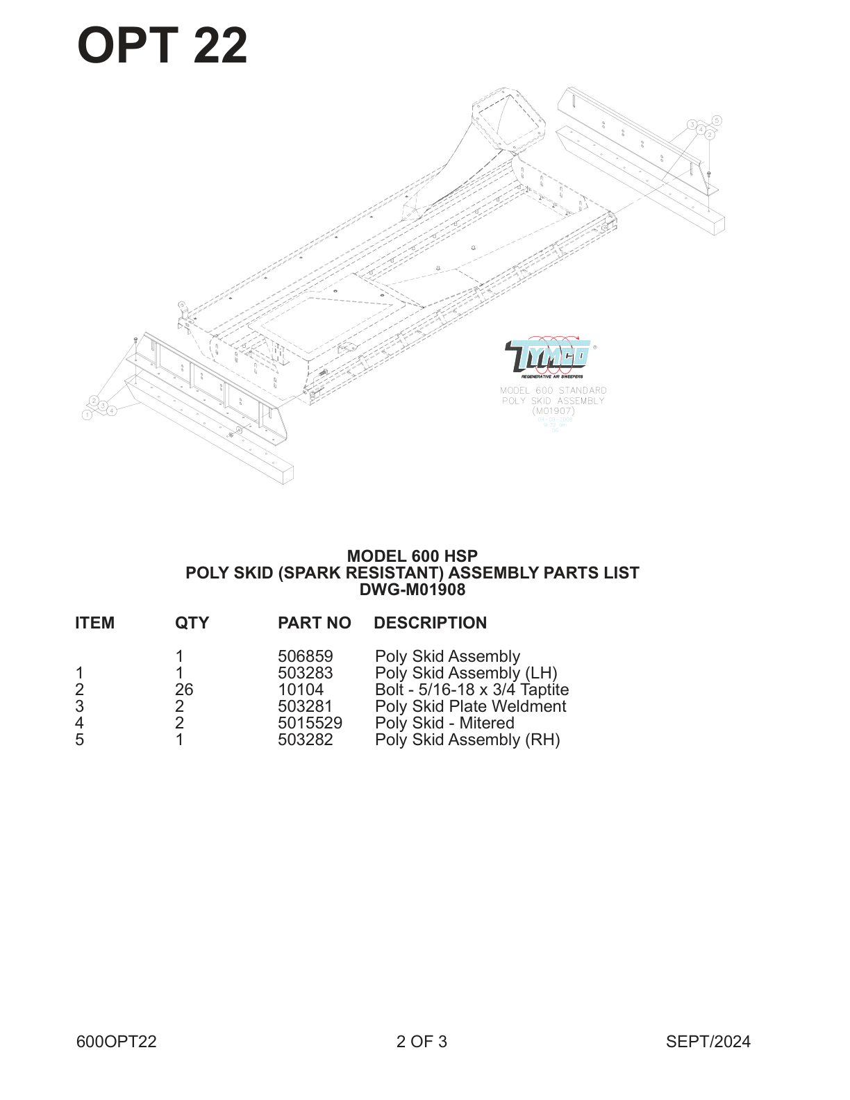 MODEL 600 HSP — POLY SKID (SPARK RESISTANT) ASSEMBLY PARTS LIST — DWG-M01908