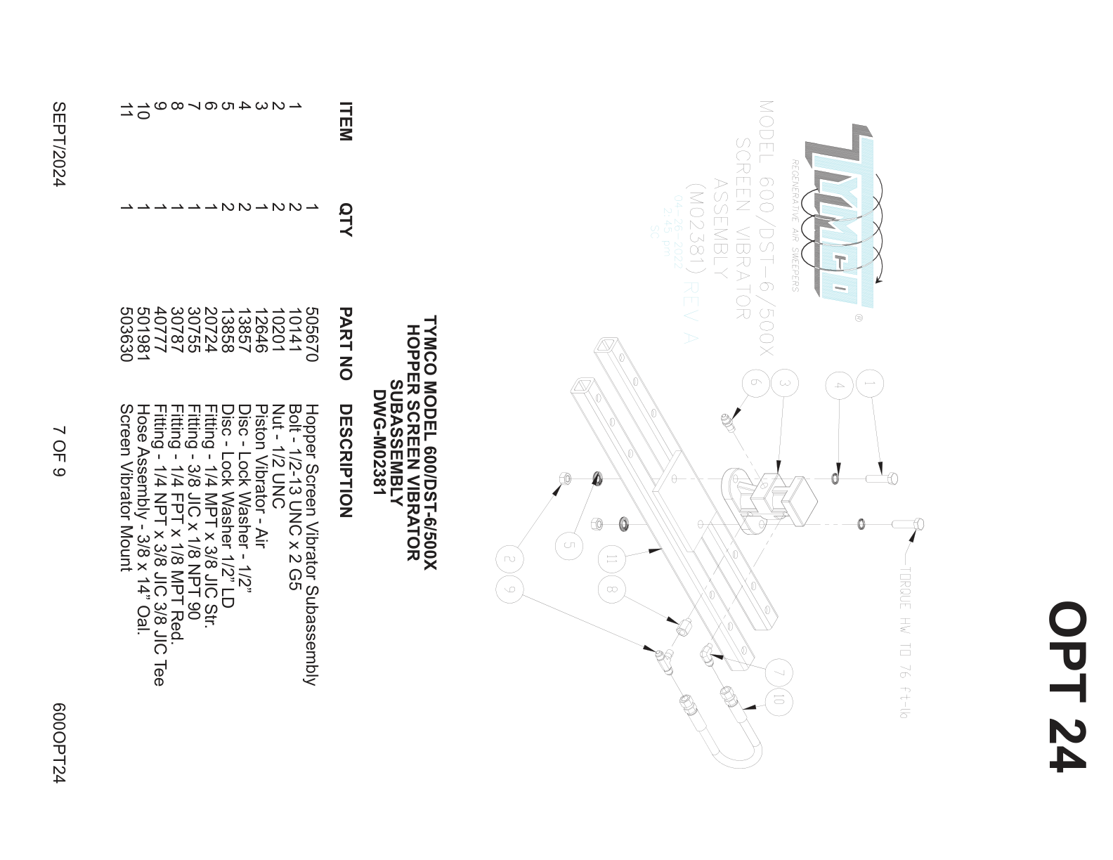 TYMCO MODEL 600/DST-6/500X — HOPPER SCREEN VIBRATOR — SUBASSEMBLY